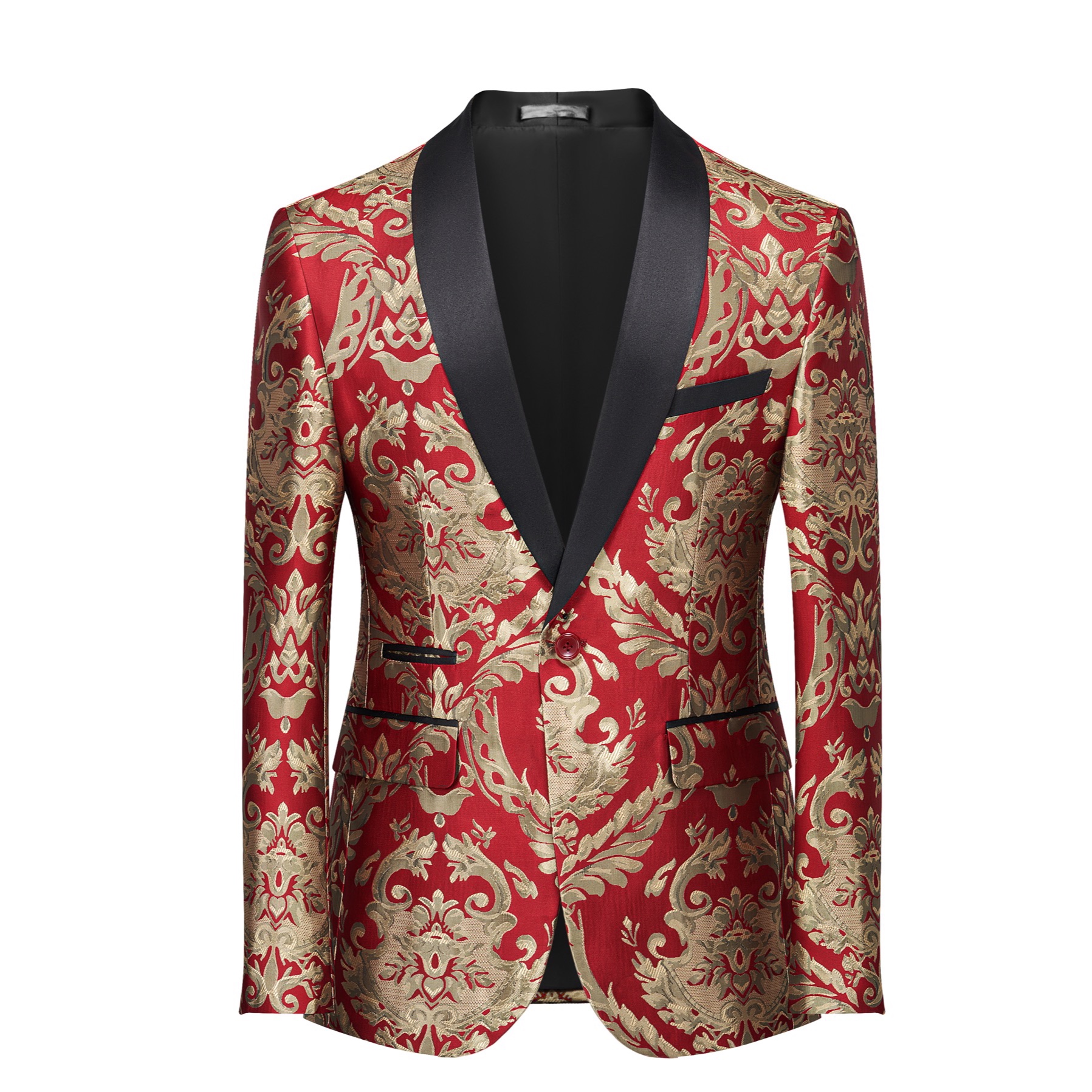 Front view of a men's red and gold jacquard patterned tuxedo jacket with black shawl lapel and one button closure.