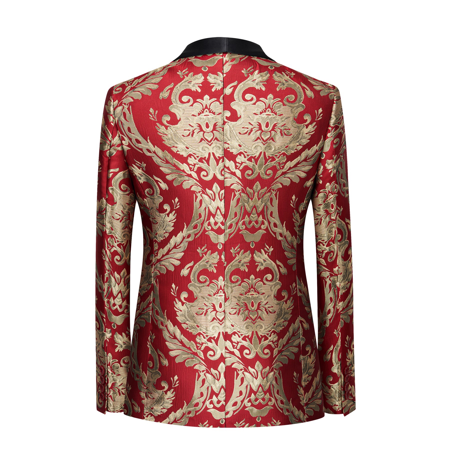 Front view of a men's red and gold jacquard patterned tuxedo jacket with black shawl lapel and one button closure.