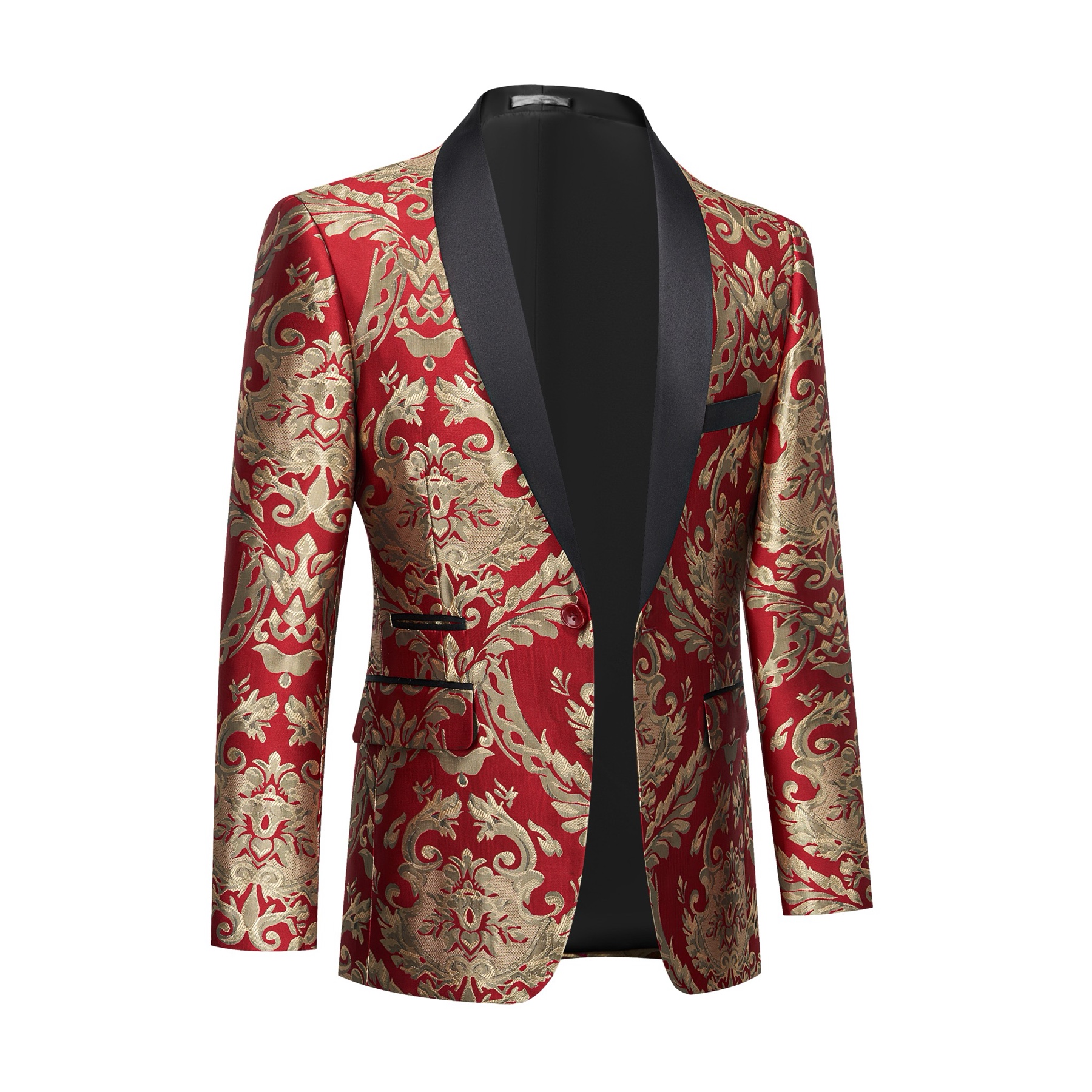 Front view of a men's red and gold jacquard patterned tuxedo jacket with black shawl lapel and one button closure.