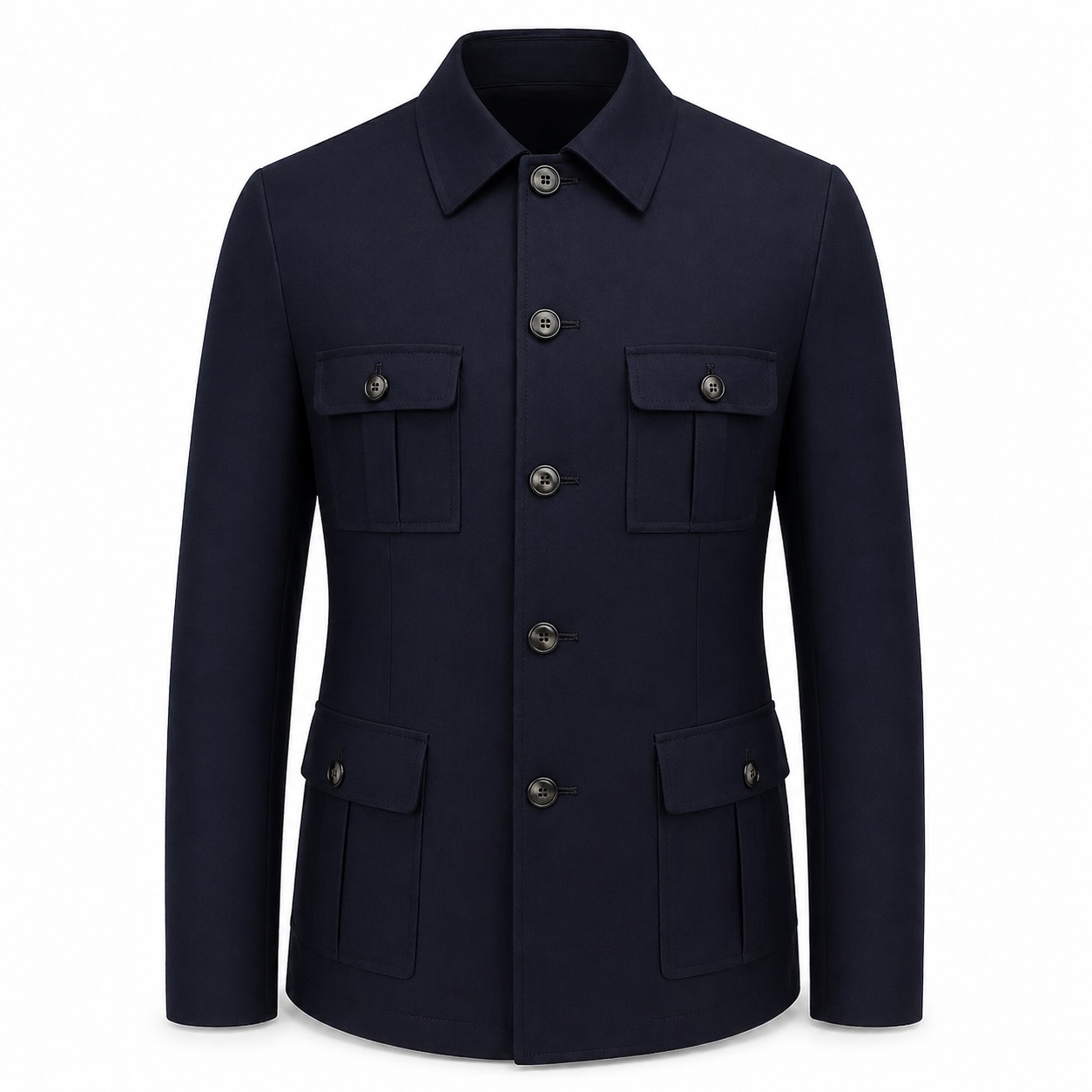 Front view of a dark navy men's safari jacket with four flap pockets and matching trousers.