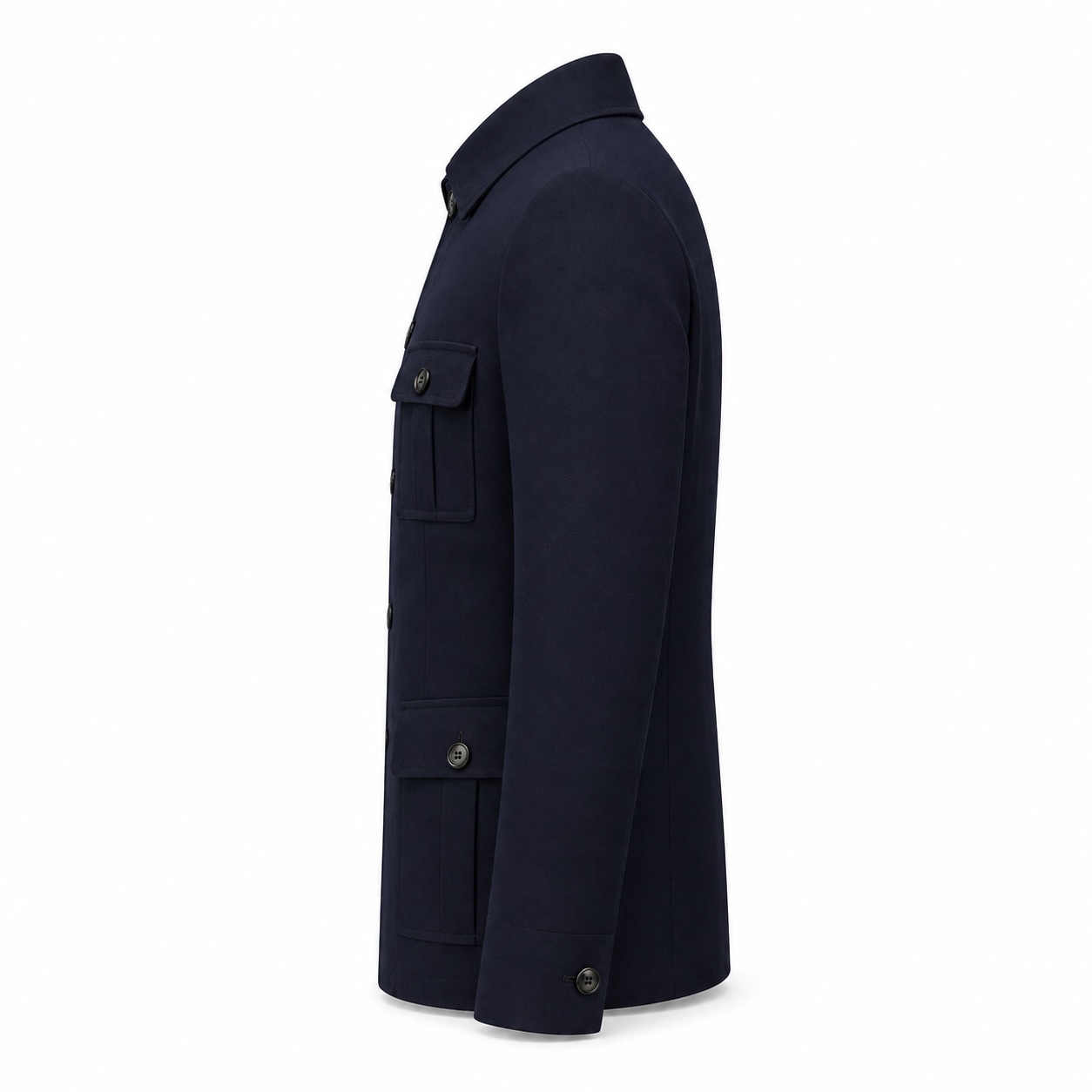 Front view of a dark navy men's safari jacket with four flap pockets and matching trousers.