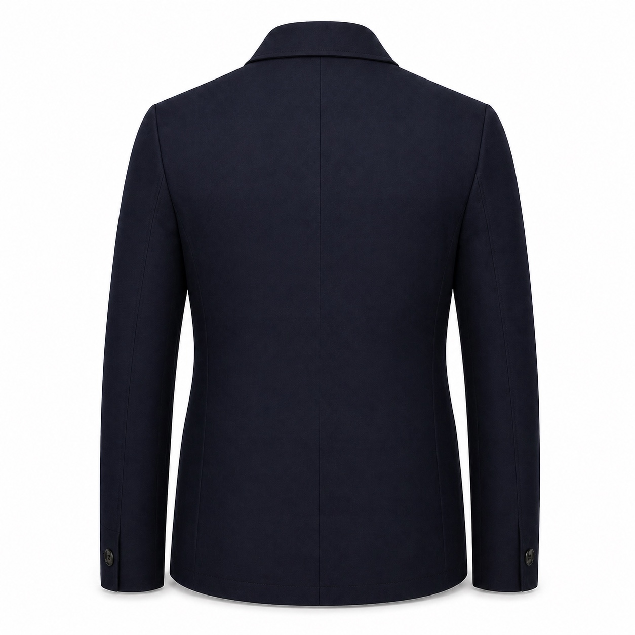 Front view of a dark navy men's safari jacket with four flap pockets and matching trousers.