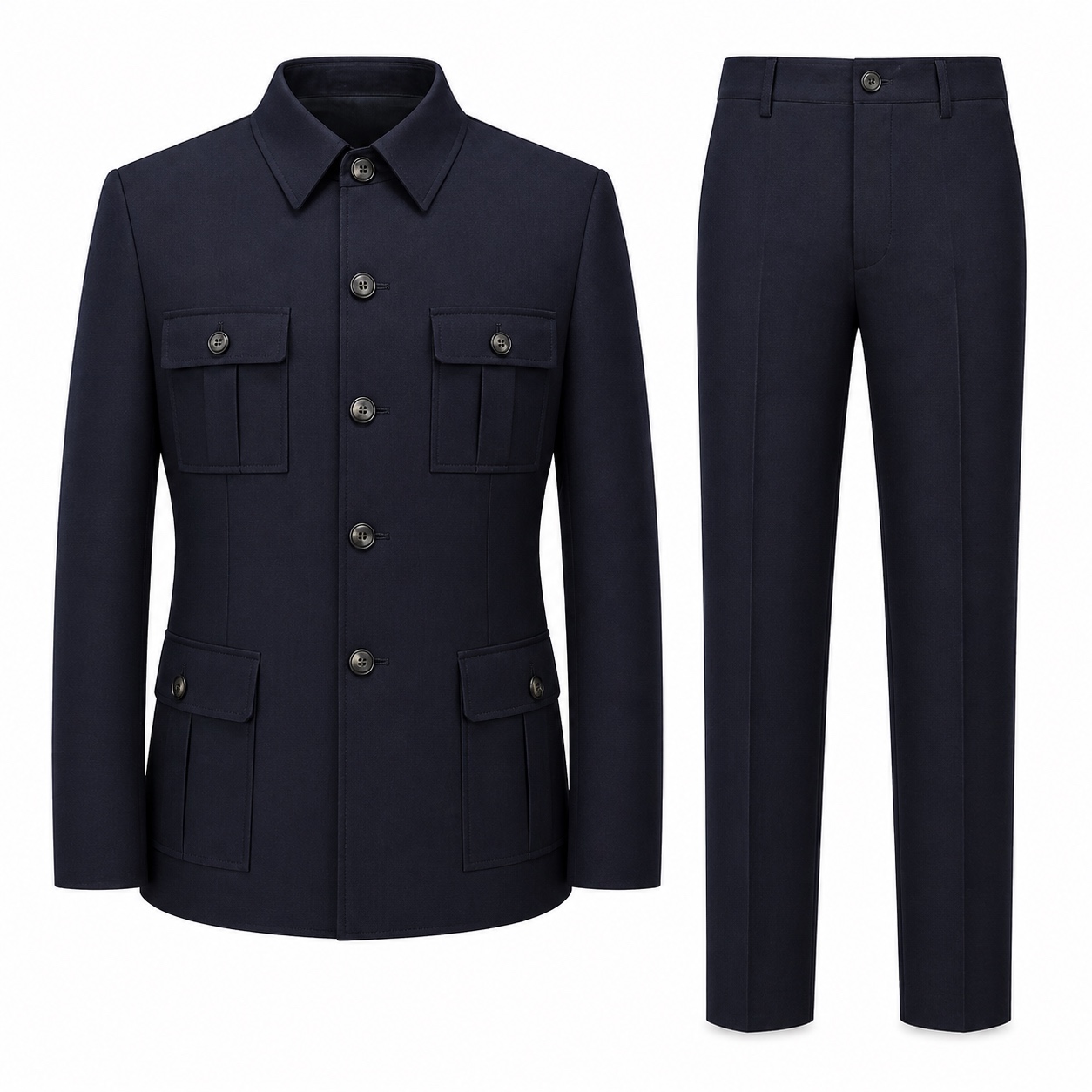 Front view of a dark navy men's safari jacket with four flap pockets and matching trousers.