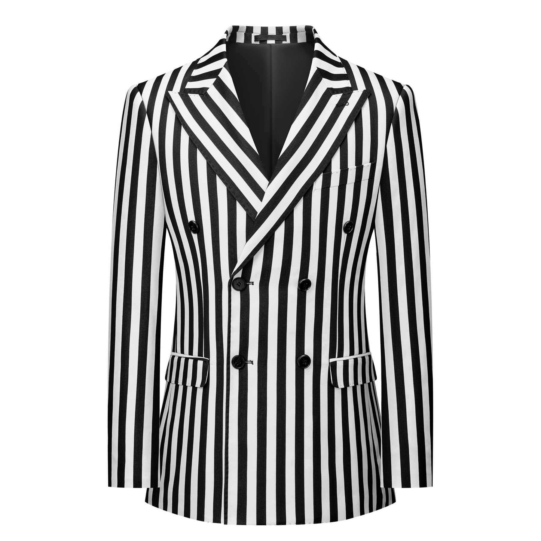 Close-up of a men's black and white striped double-breasted suit with peak lapels and button details.