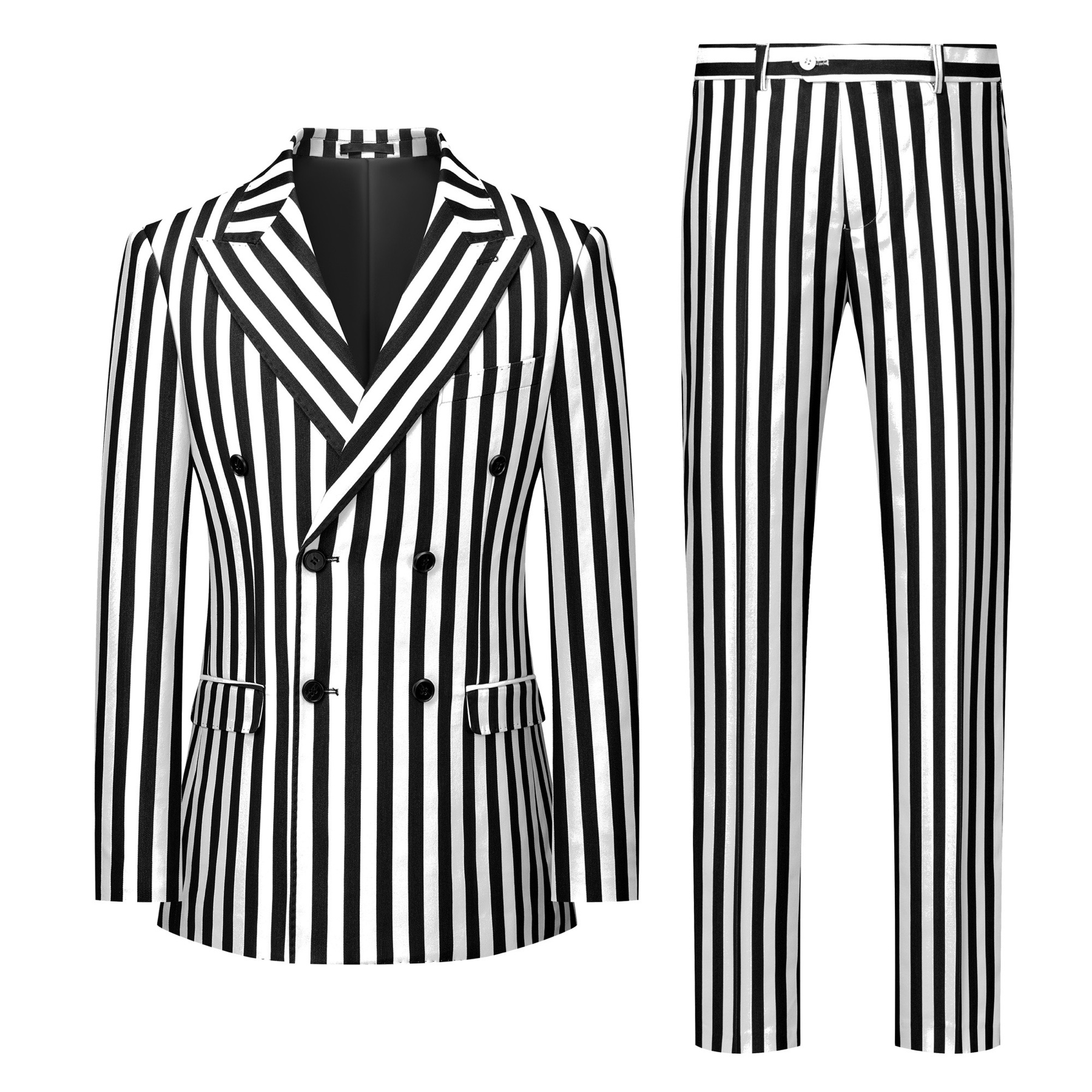 Close-up of a men's black and white striped double-breasted suit with peak lapels and button details.