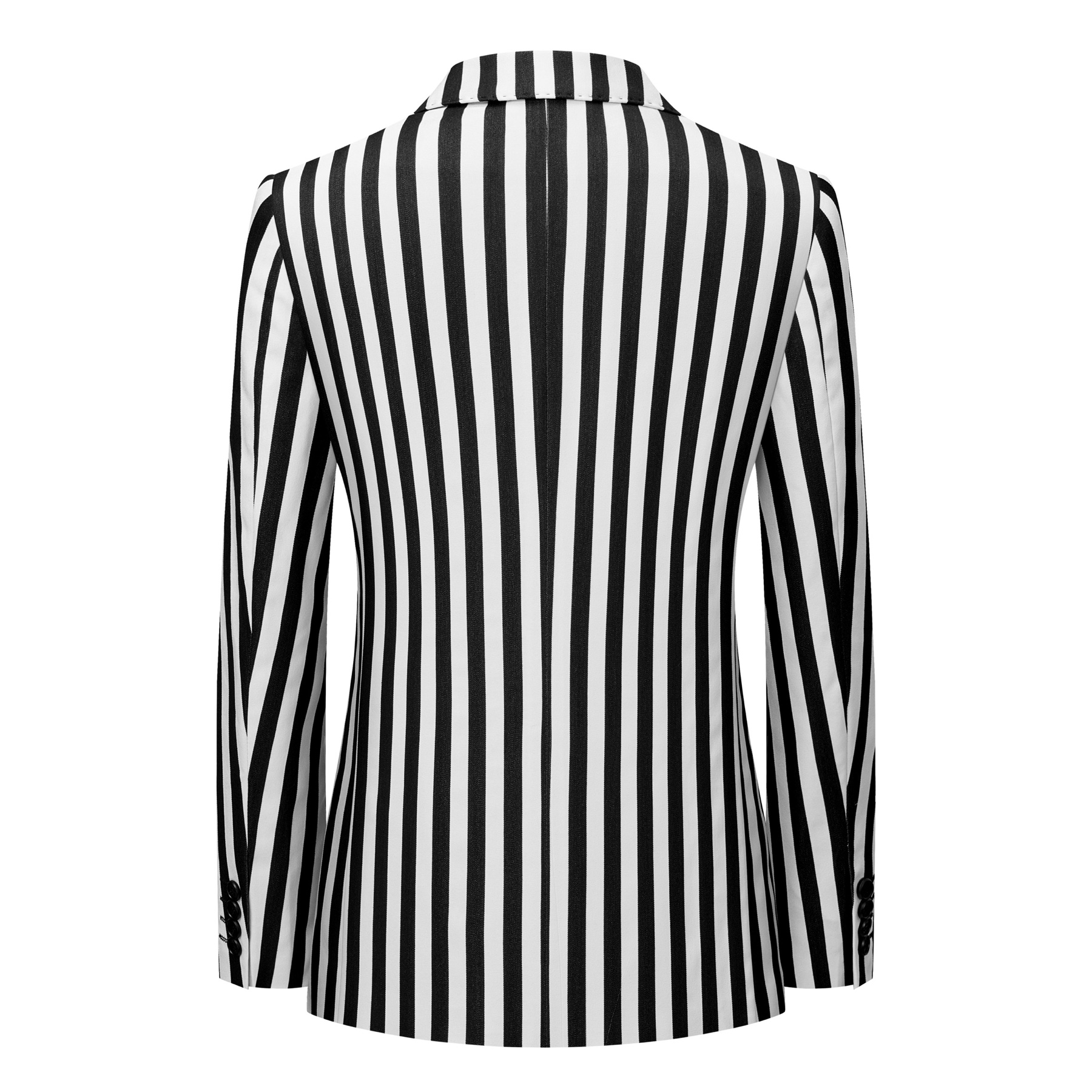 Close-up of a men's black and white striped double-breasted suit with peak lapels and button details.