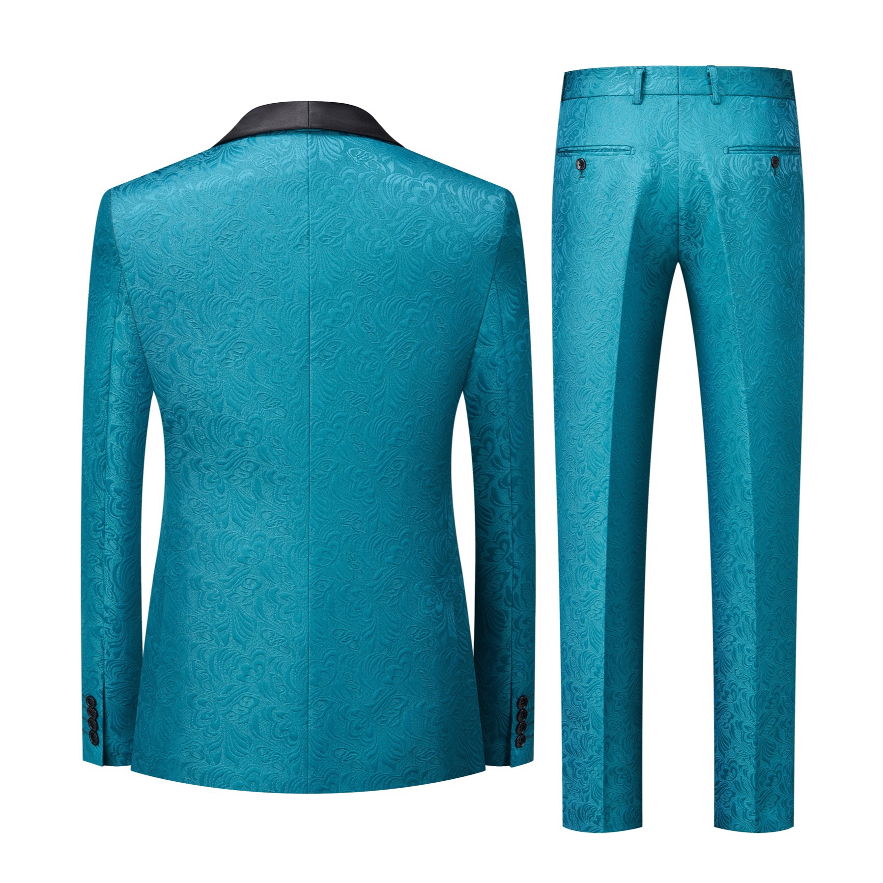 Full view of a men's teal jacquard double-breasted suit with black shawl lapel and matching trousers.