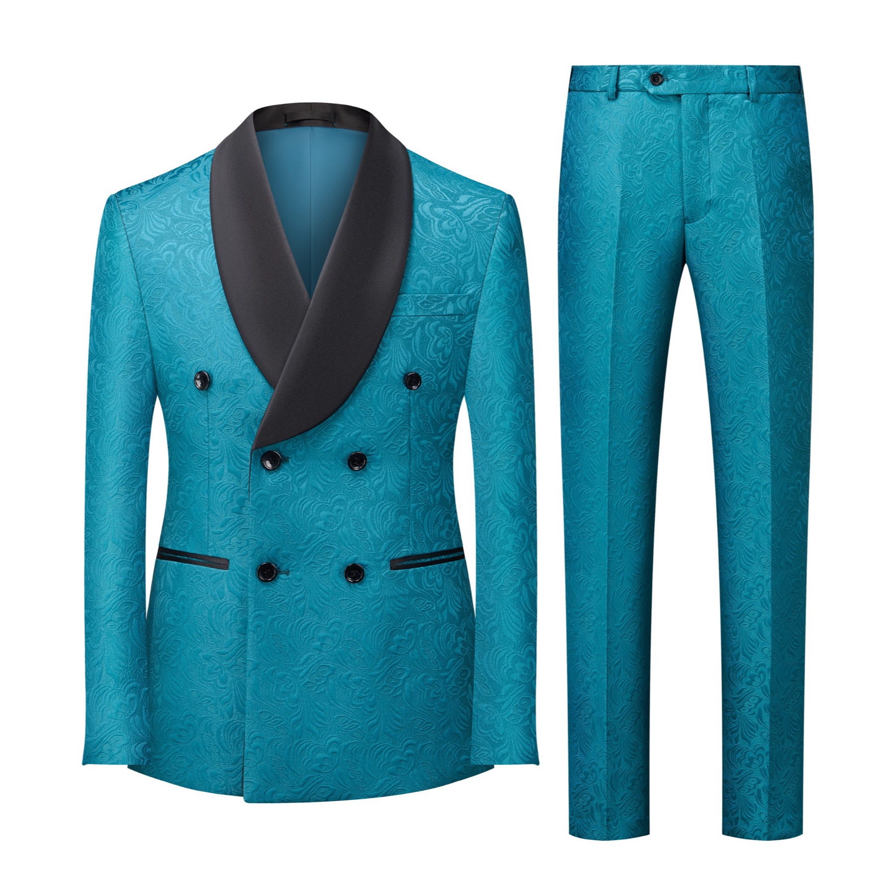 Full view of a men's teal jacquard double-breasted suit with black shawl lapel and matching trousers.