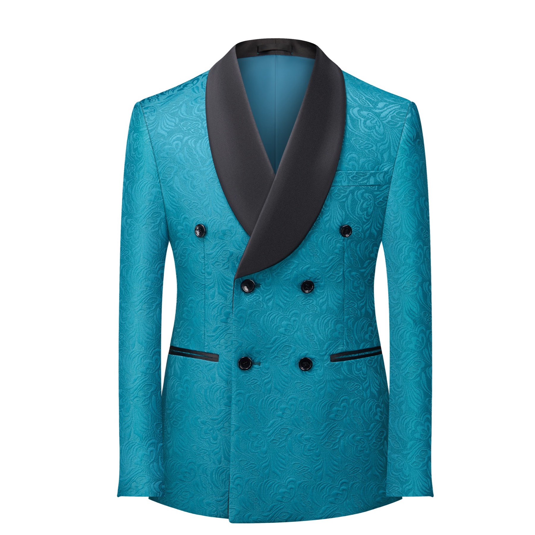 Full view of a men's teal jacquard double-breasted suit with black shawl lapel and matching trousers.