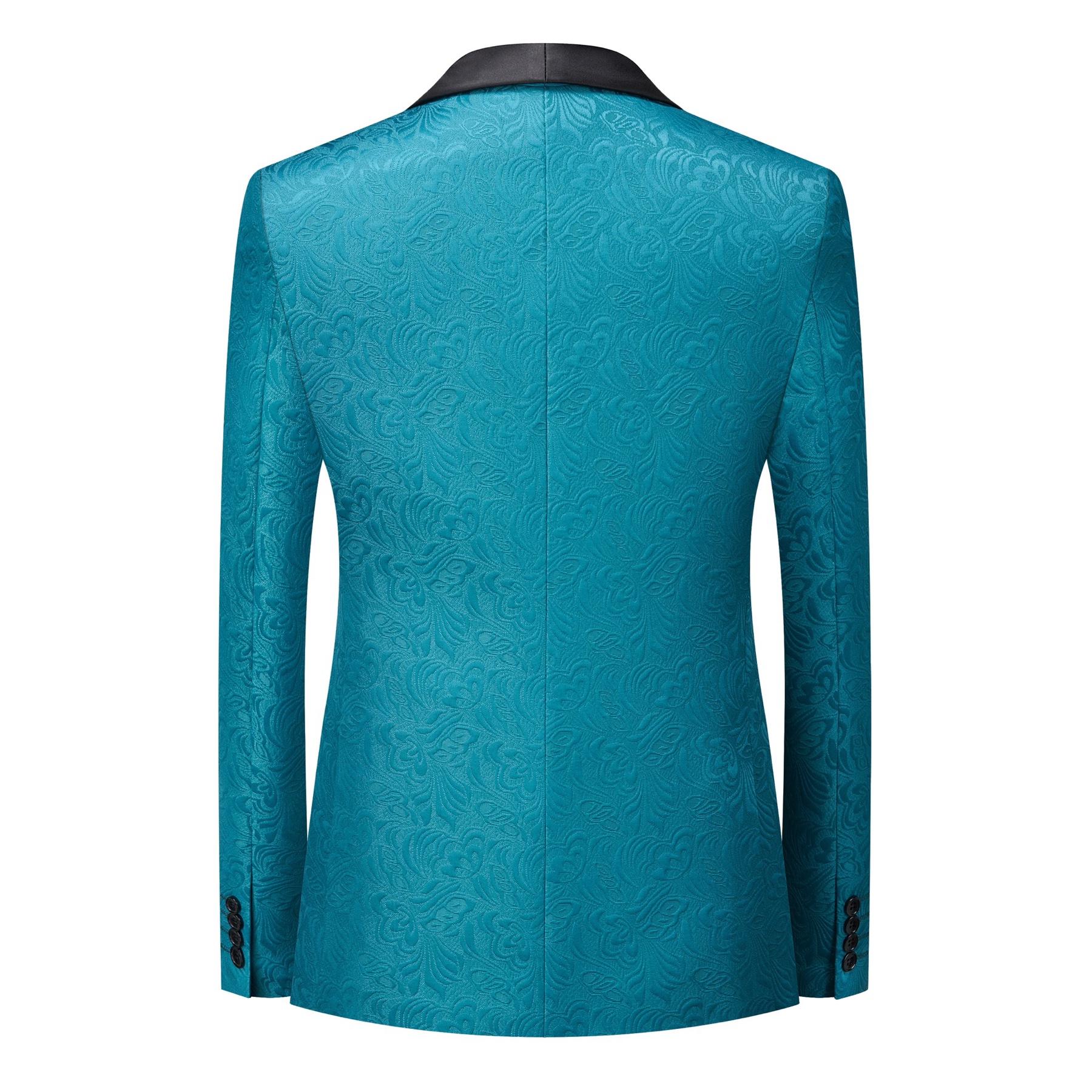 Full view of a men's teal jacquard double-breasted suit with black shawl lapel and matching trousers.