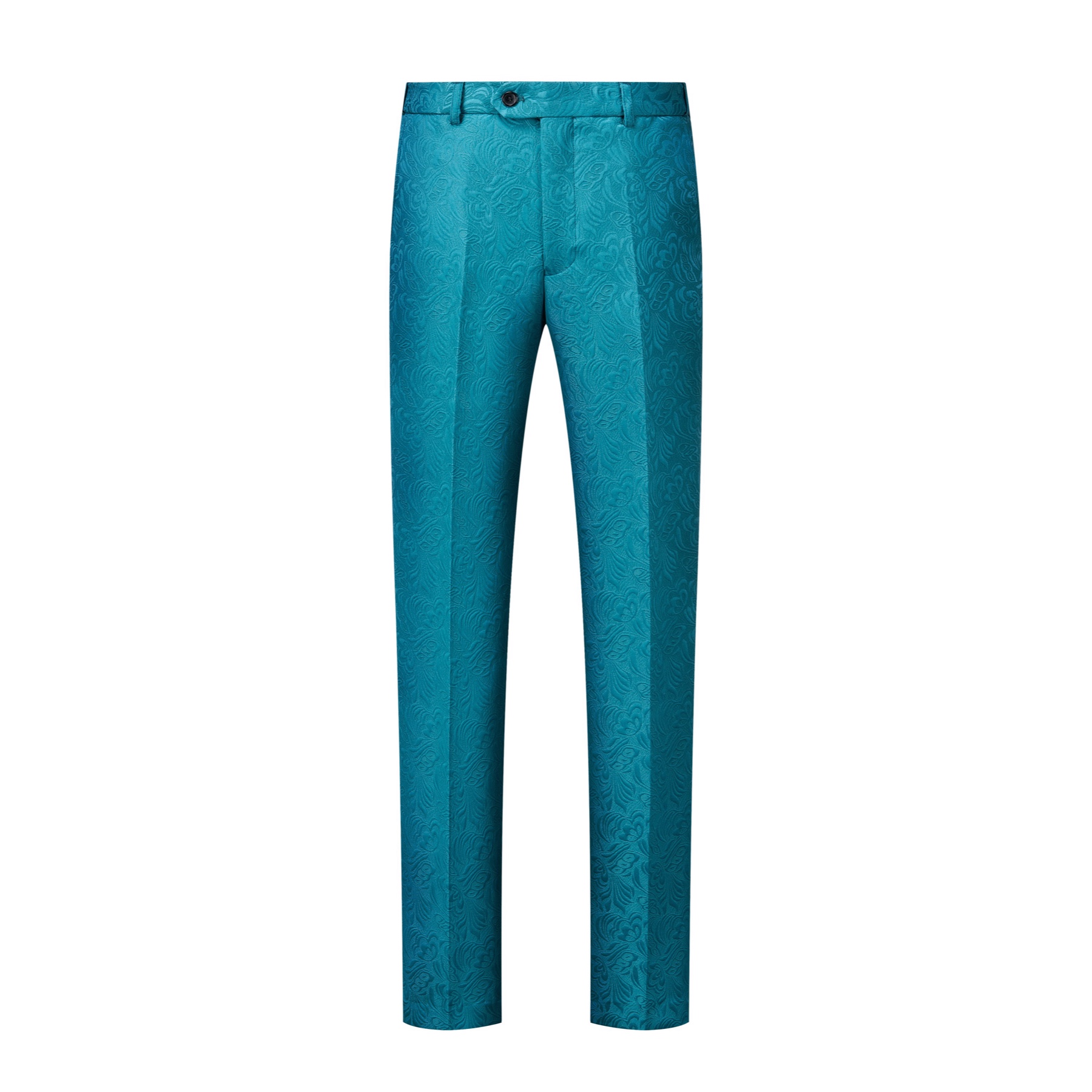 Full view of a men's teal jacquard double-breasted suit with black shawl lapel and matching trousers.