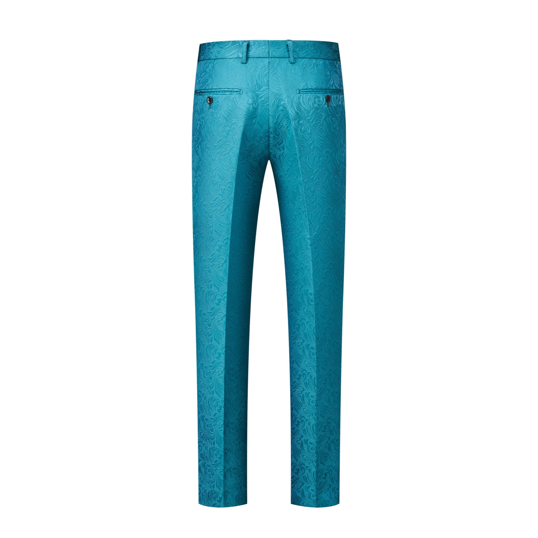 Full view of a men's teal jacquard double-breasted suit with black shawl lapel and matching trousers.