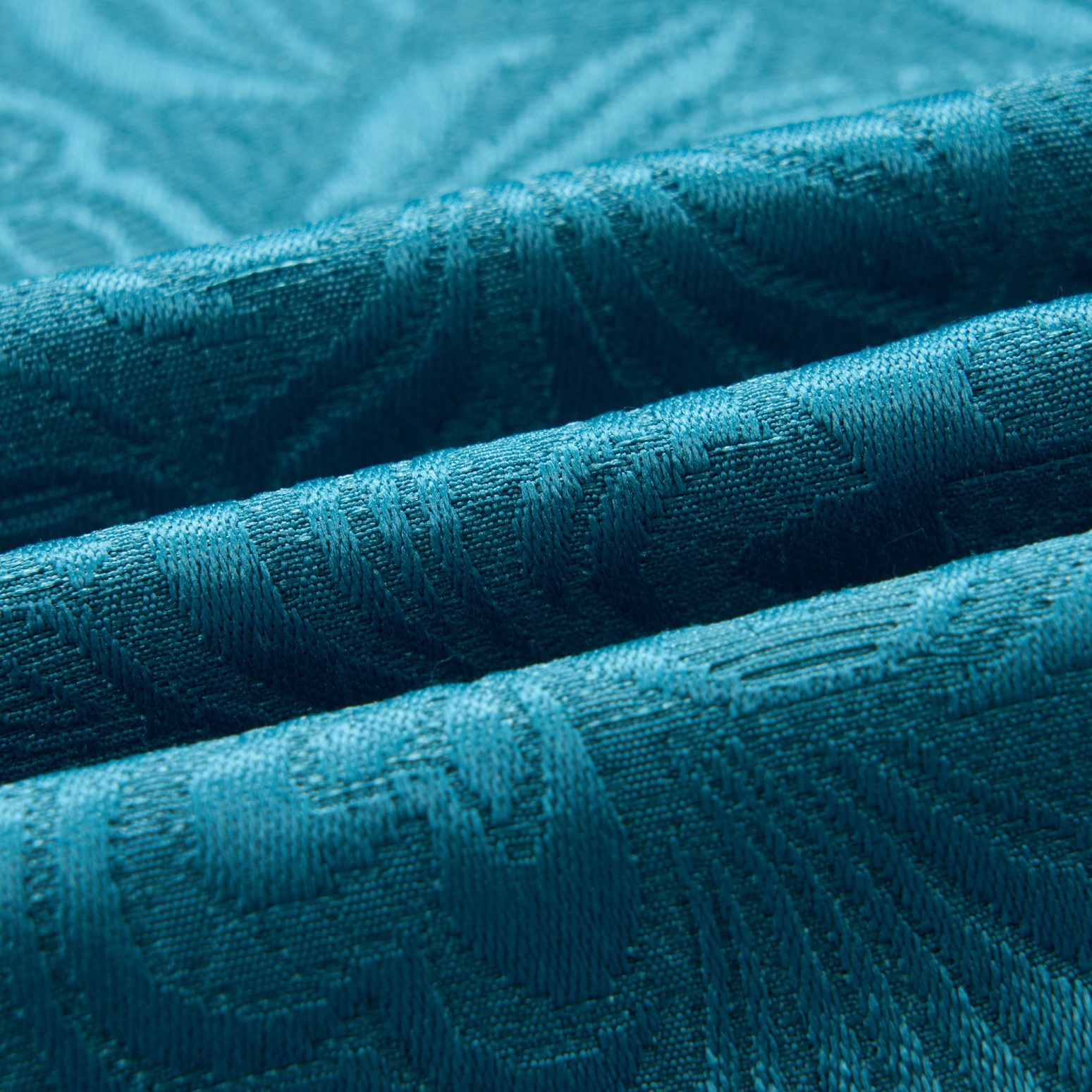 Full view of a men's teal jacquard double-breasted suit with black shawl lapel and matching trousers.