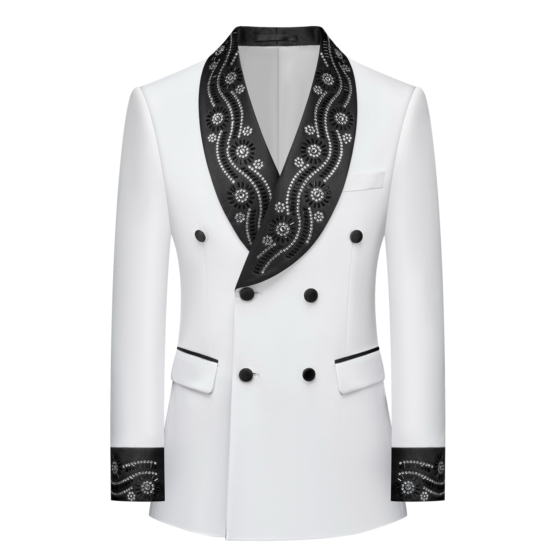 Front view of a white double-breasted suit jacket with black embellished shawl lapels and cuffs featuring rhinestones and