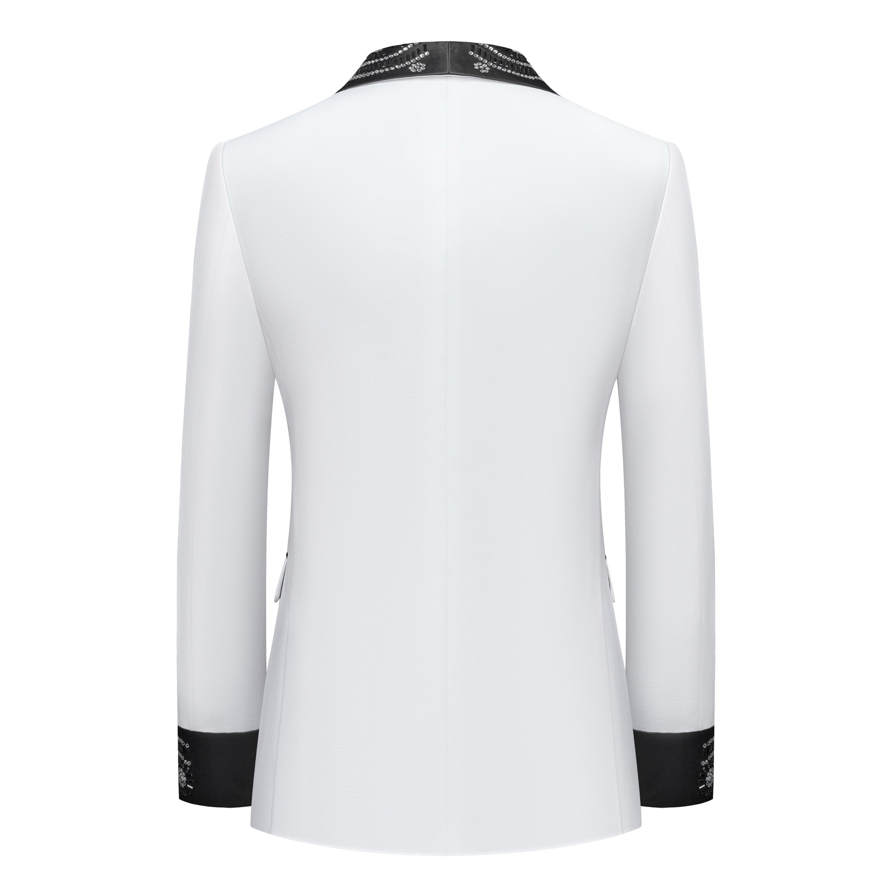 Front view of a white double-breasted suit jacket with black embellished shawl lapels and cuffs featuring rhinestones and
