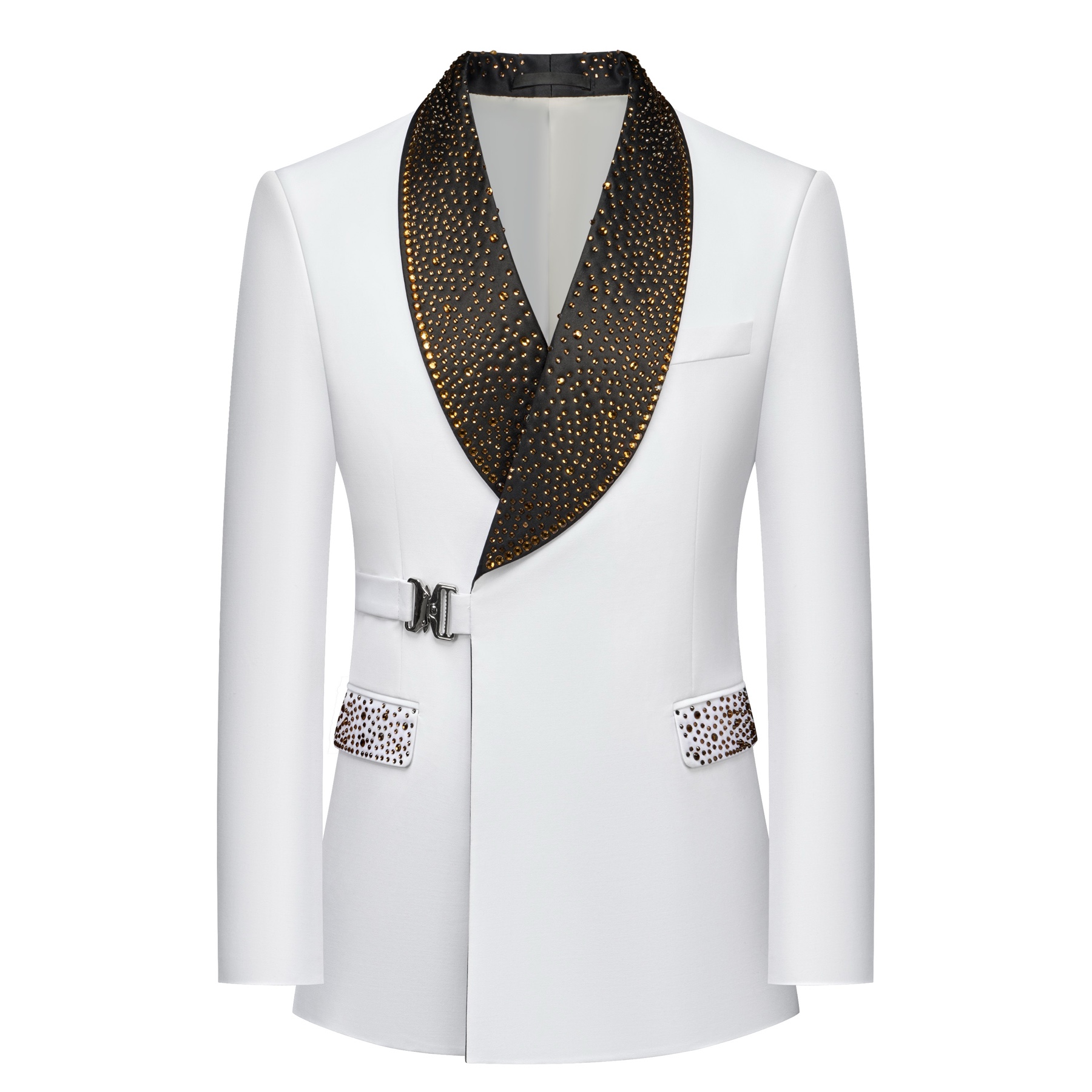 Front view of a men's white tuxedo jacket featuring a black rhinestone-embellished shawl lapel, a unique silver buckle