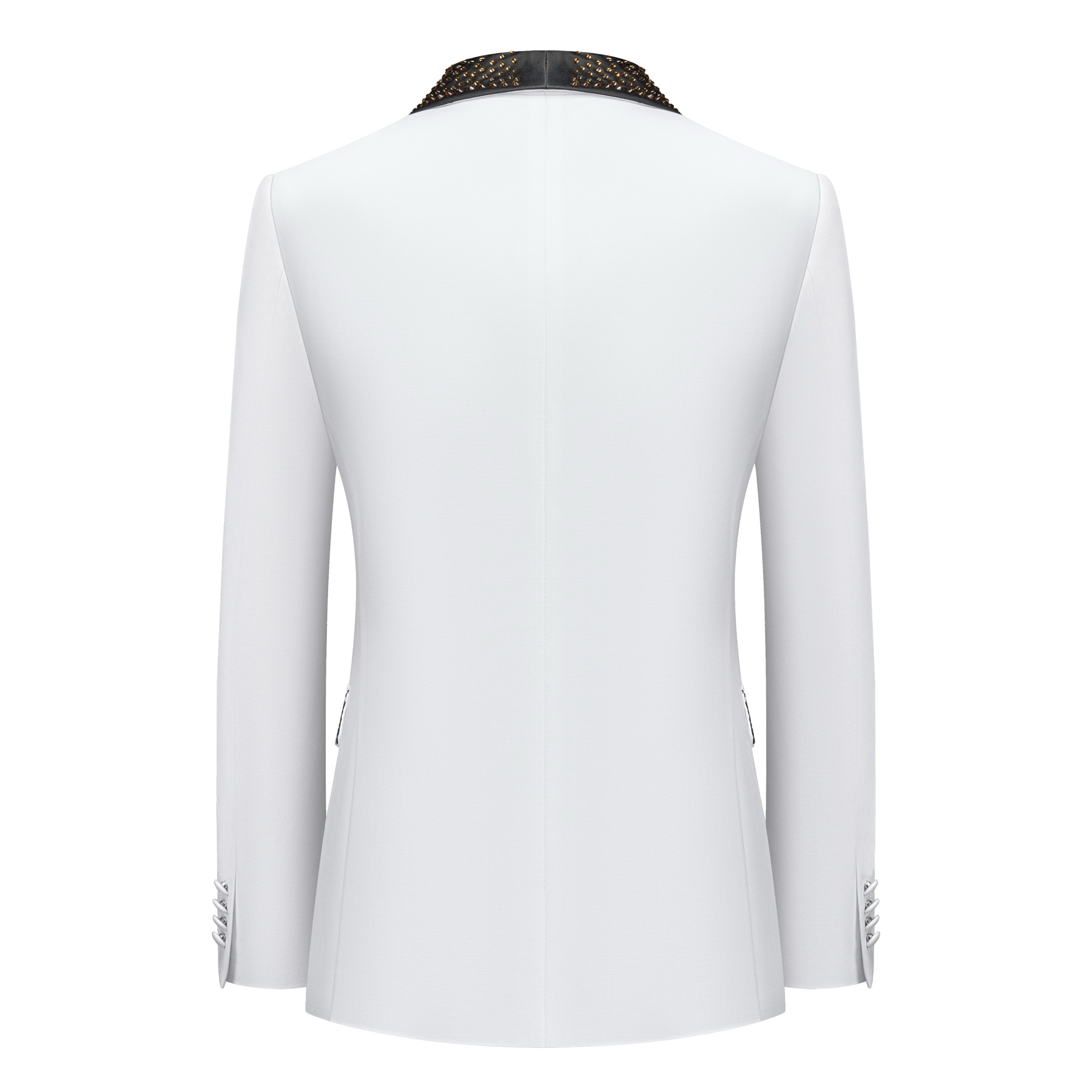 Front view of a men's white tuxedo jacket featuring a black rhinestone-embellished shawl lapel, a unique silver buckle