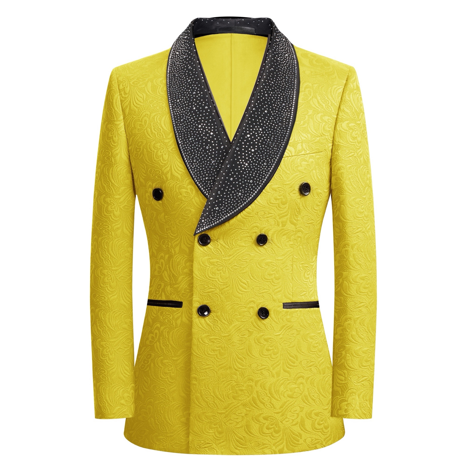 Front view of a men's yellow jacquard double-breasted suit with a black shawl lapel, shown both plain and with rhinestone