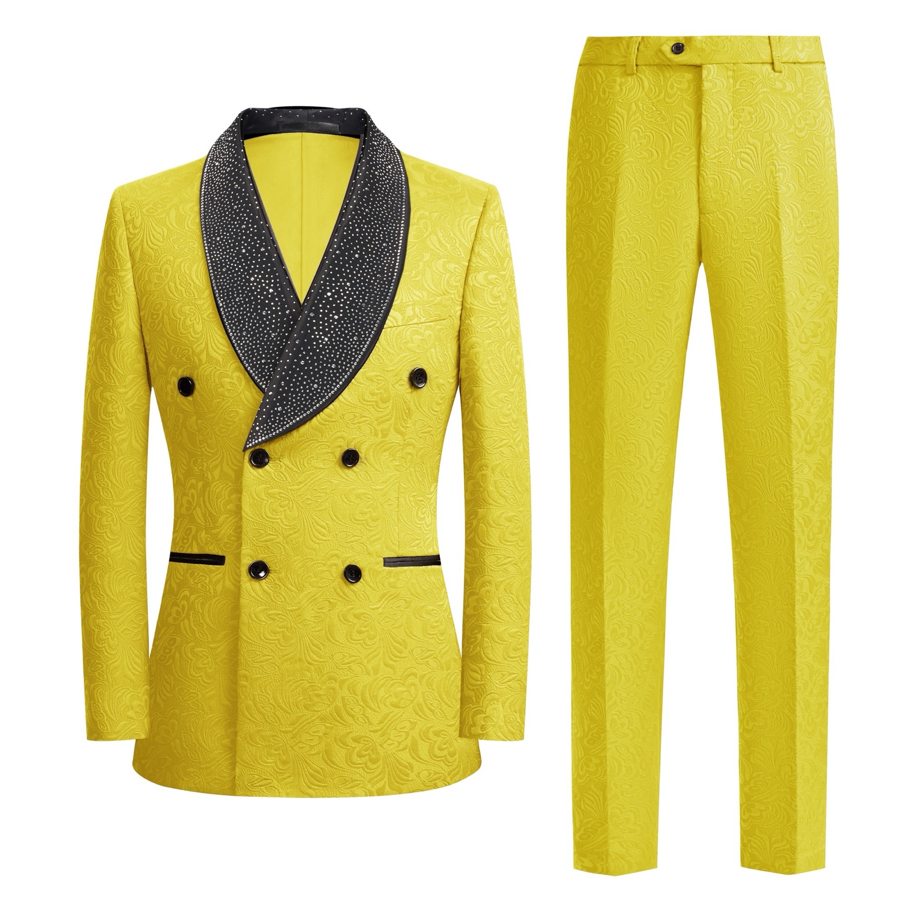 Front view of a men's yellow jacquard double-breasted suit with a black shawl lapel, shown both plain and with rhinestone