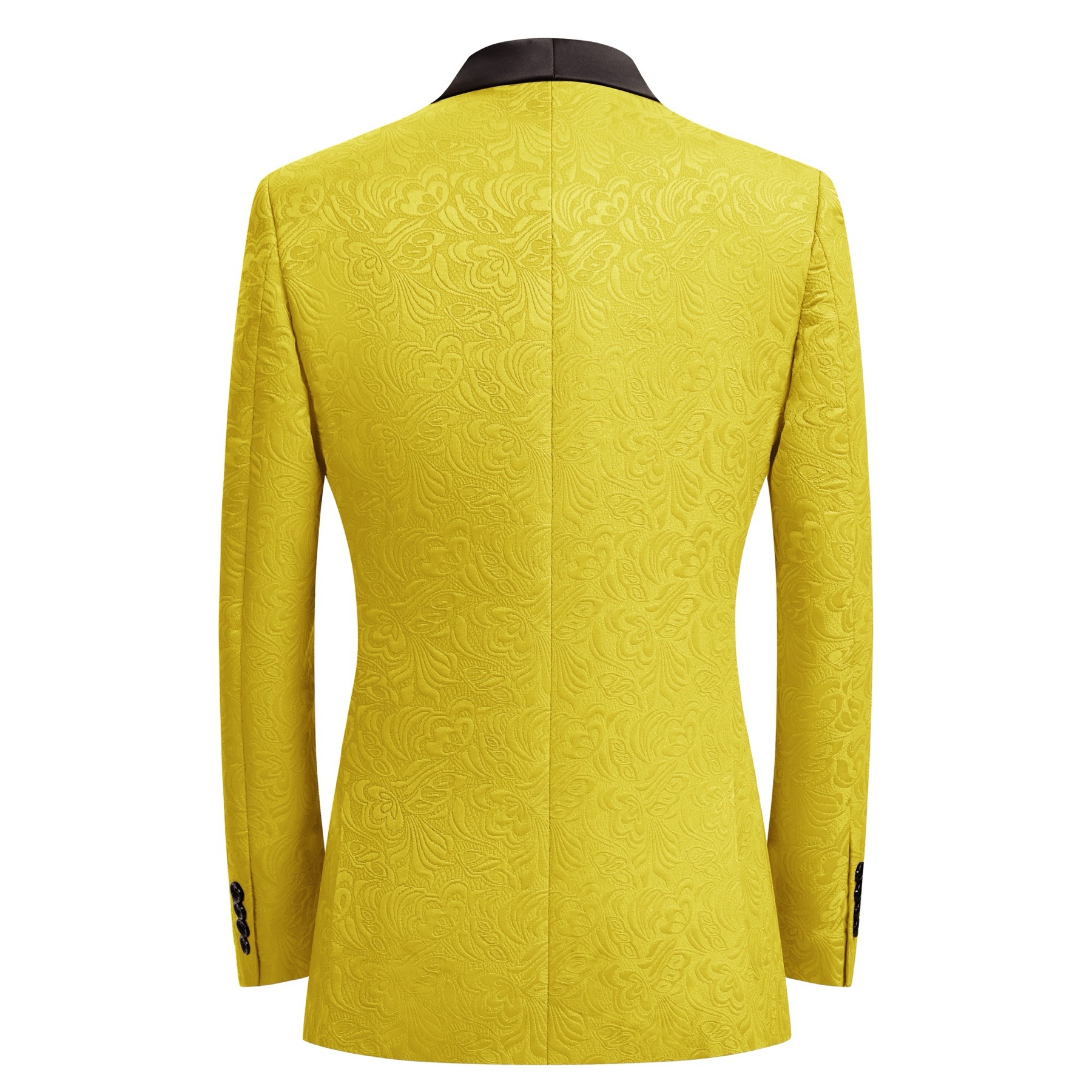 Front view of a men's yellow jacquard double-breasted suit with a black shawl lapel, shown both plain and with rhinestone