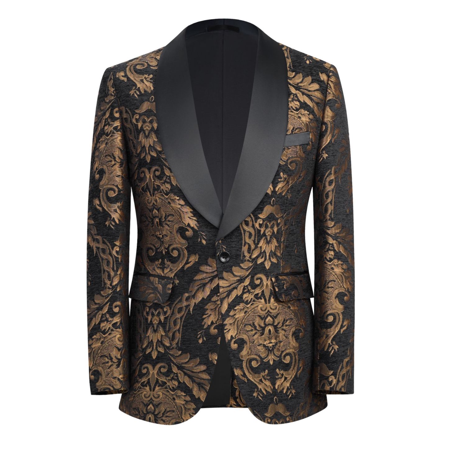 Front view of a men's black and gold damask patterned tuxedo suit with a black satin shawl lapel and one button closure.