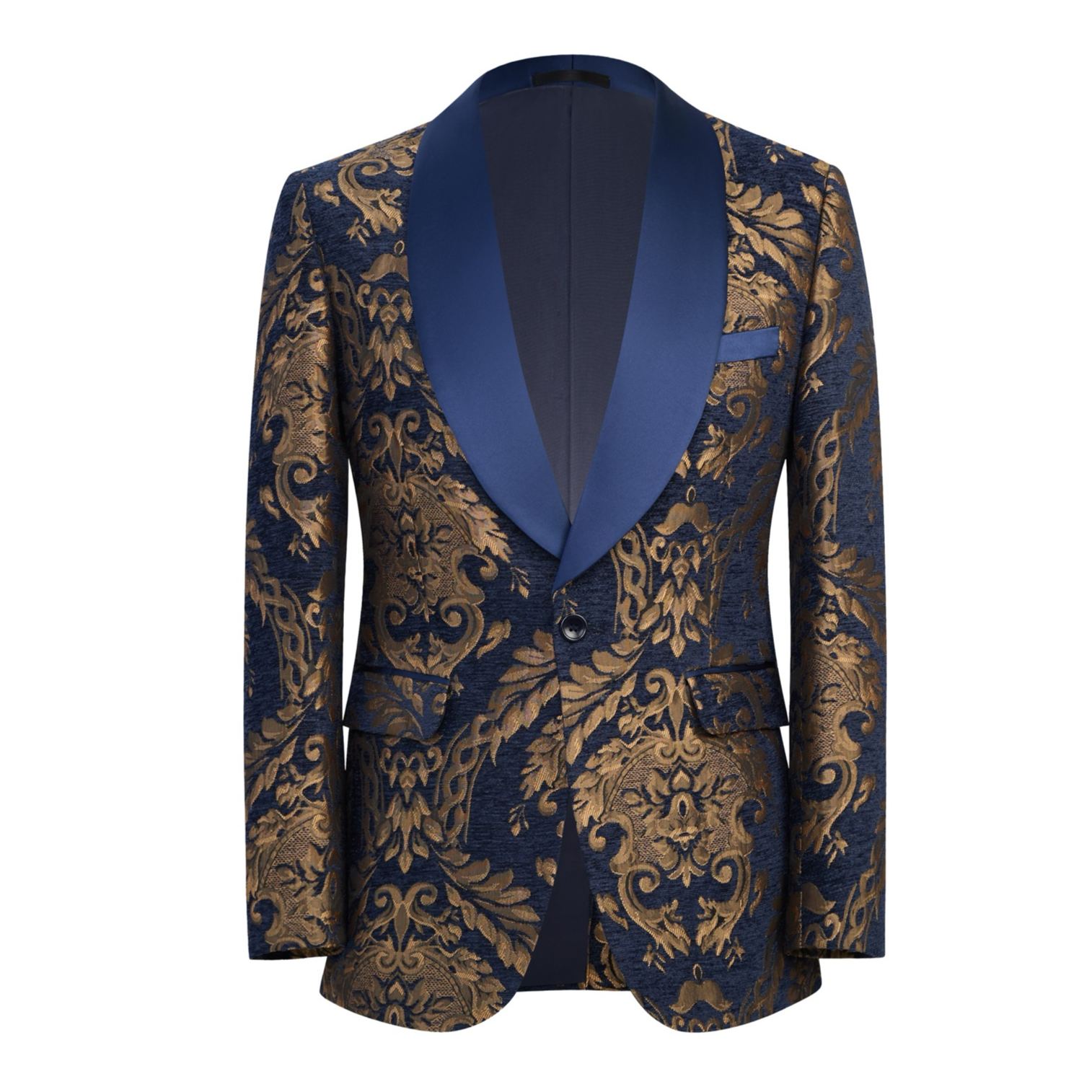 Men's navy blue and gold baroque jacquard suit jacket with a satin blue shawl lapel and matching trousers.