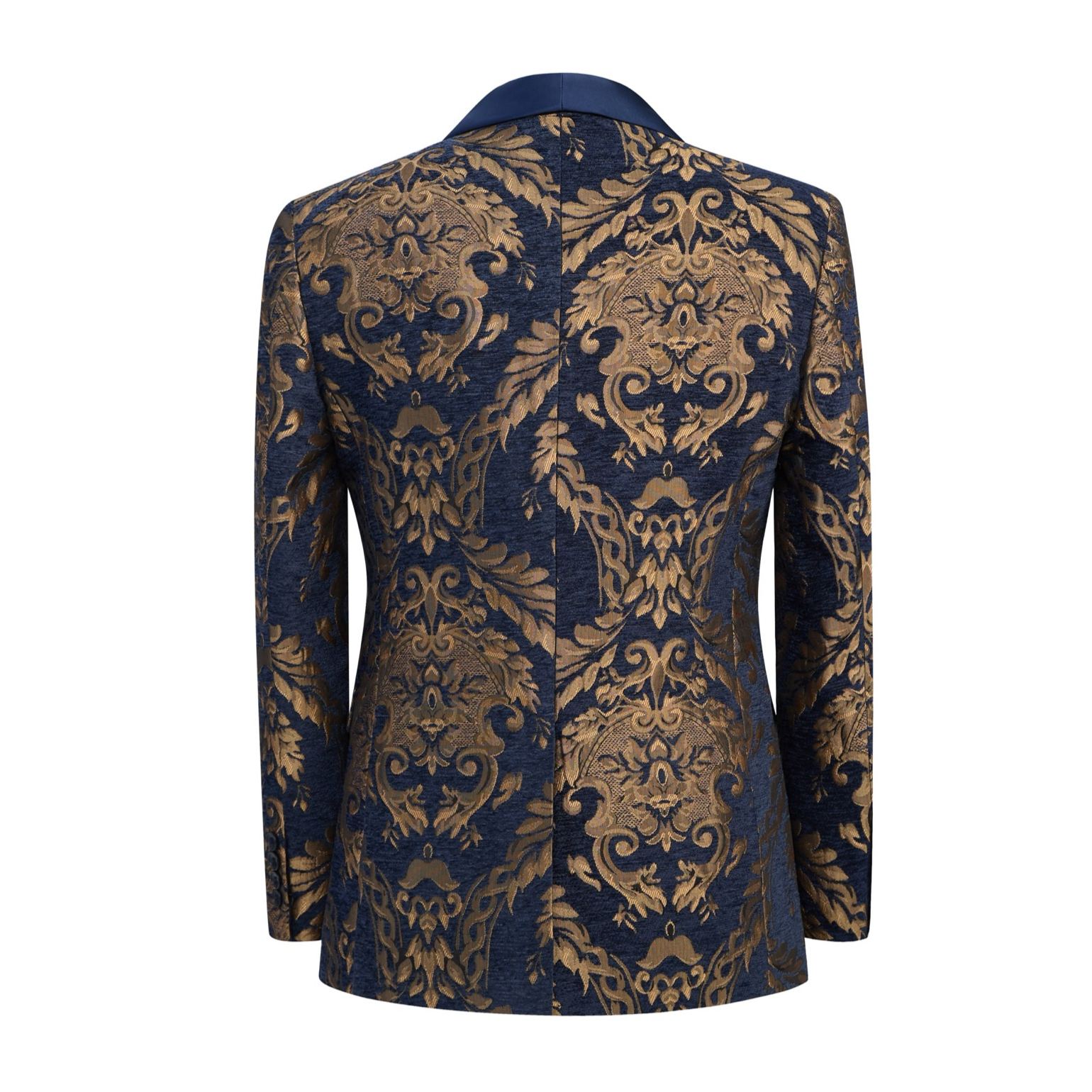 Men's navy blue and gold baroque jacquard suit jacket with a satin blue shawl lapel and matching trousers.