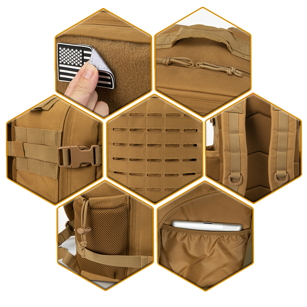 QT&QY 25L Military Tactical Backpacks For men CCW Army Laser cut Molle Daypack small EDC Bug Out Bag Gym Rucksack With Dual Cup Holders medical Rucksack Khaki