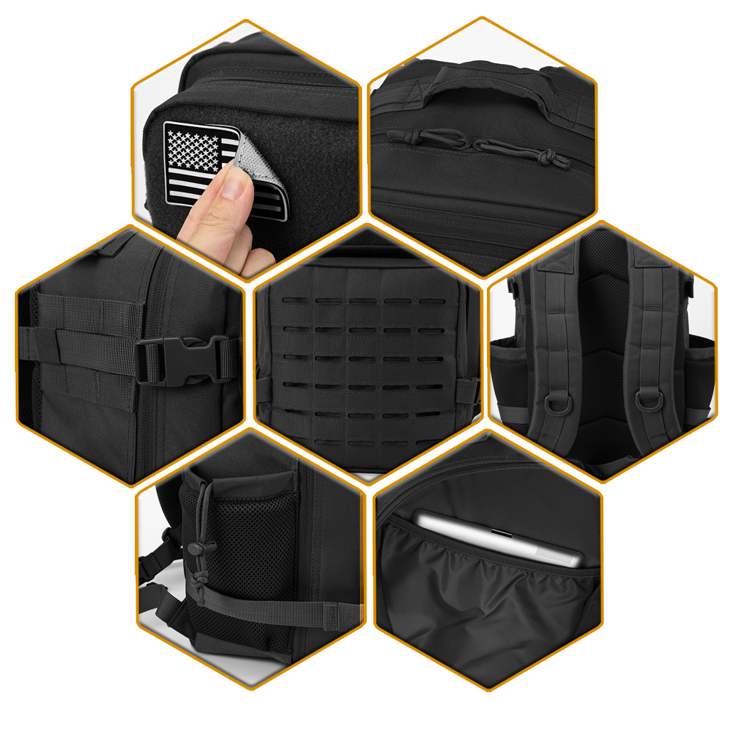 QT&QY 25L Military Tactical Backpacks For men Survival Army Laser cut Molle Daypack small EDC Bug Out Bag Gym Rucksack With Dual Cup Holders medical Rucksack Black