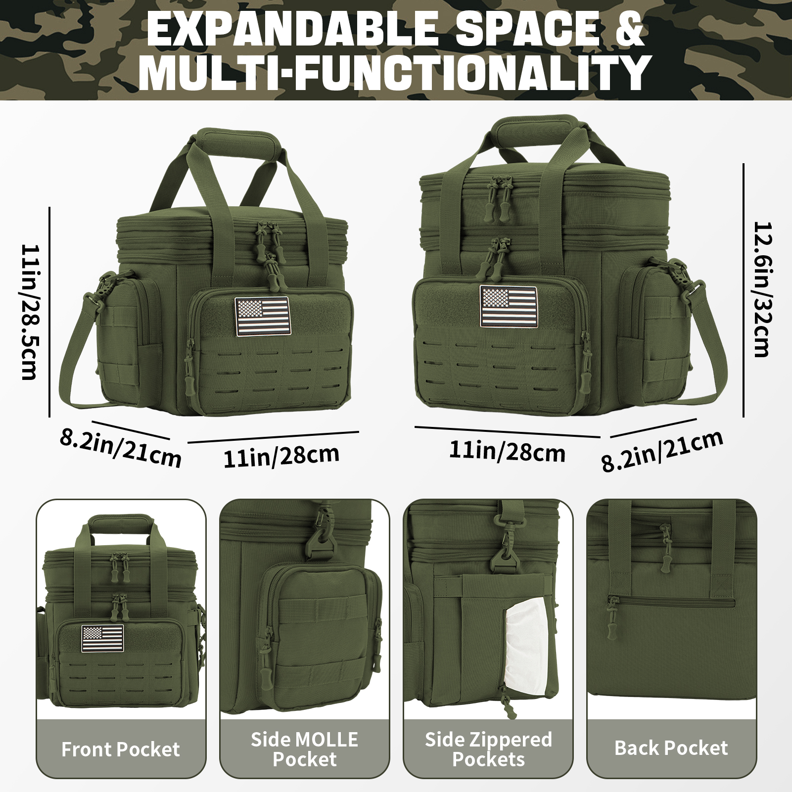 QT&QY Tactical Lunch Box for Men Expandable 18L Heavy Duty Military Insulated Cooler Bag, Leakproof Thermal Lunch Bag for Work Camping Outdoor Picnic Pail Adult Meal MOLLE Webbing Green