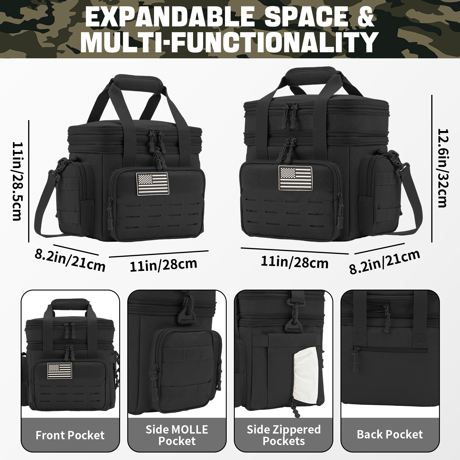 QT&QY Tactical Lunch Box for Men Expandable 18L Heavy Duty Military Insulated Cooler Bag, Leakproof Thermal Lunch Bag for Work Camping Outdoor Picnic Pail Adult Meal MOLLE Webbing Black