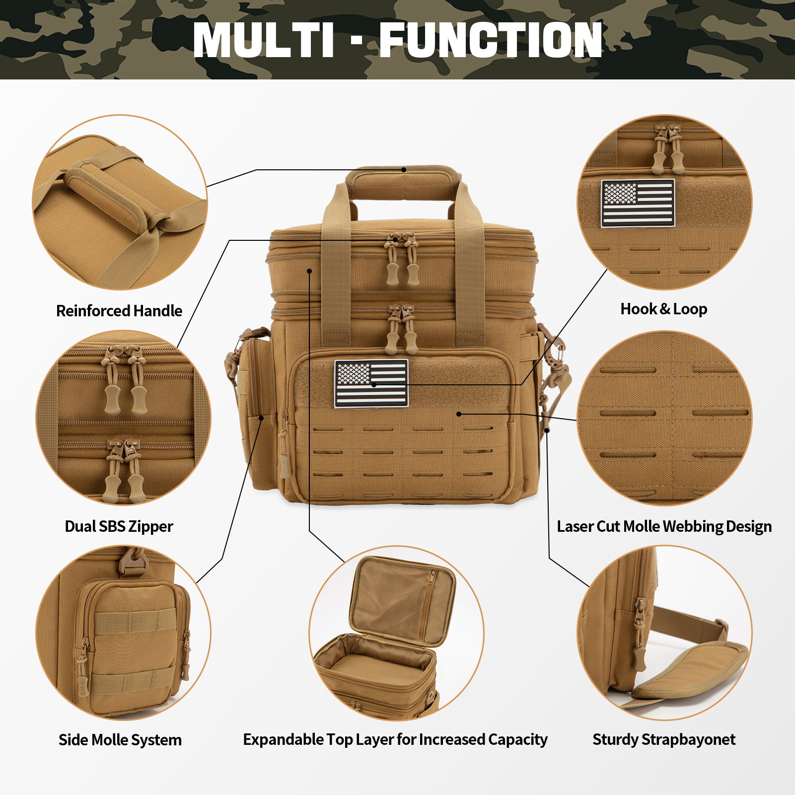 QT&QY Tactical Lunch Box for Men Expandable 18L Heavy Duty Military Insulated Cooler Bag, Leakproof Thermal Lunch Bag for Work Camping Outdoor Picnic Pail Adult Meal MOLLE Webbing Khaki