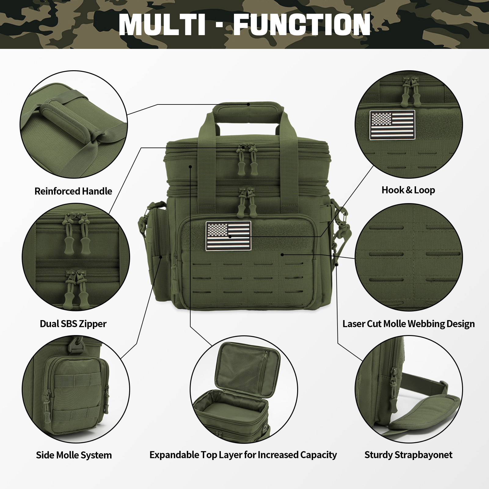 QT&QY Tactical Lunch Box for Men Expandable 18L Heavy Duty Military Insulated Cooler Bag, Leakproof Thermal Lunch Bag for Work Camping Outdoor Picnic Pail Adult Meal MOLLE Webbing Green