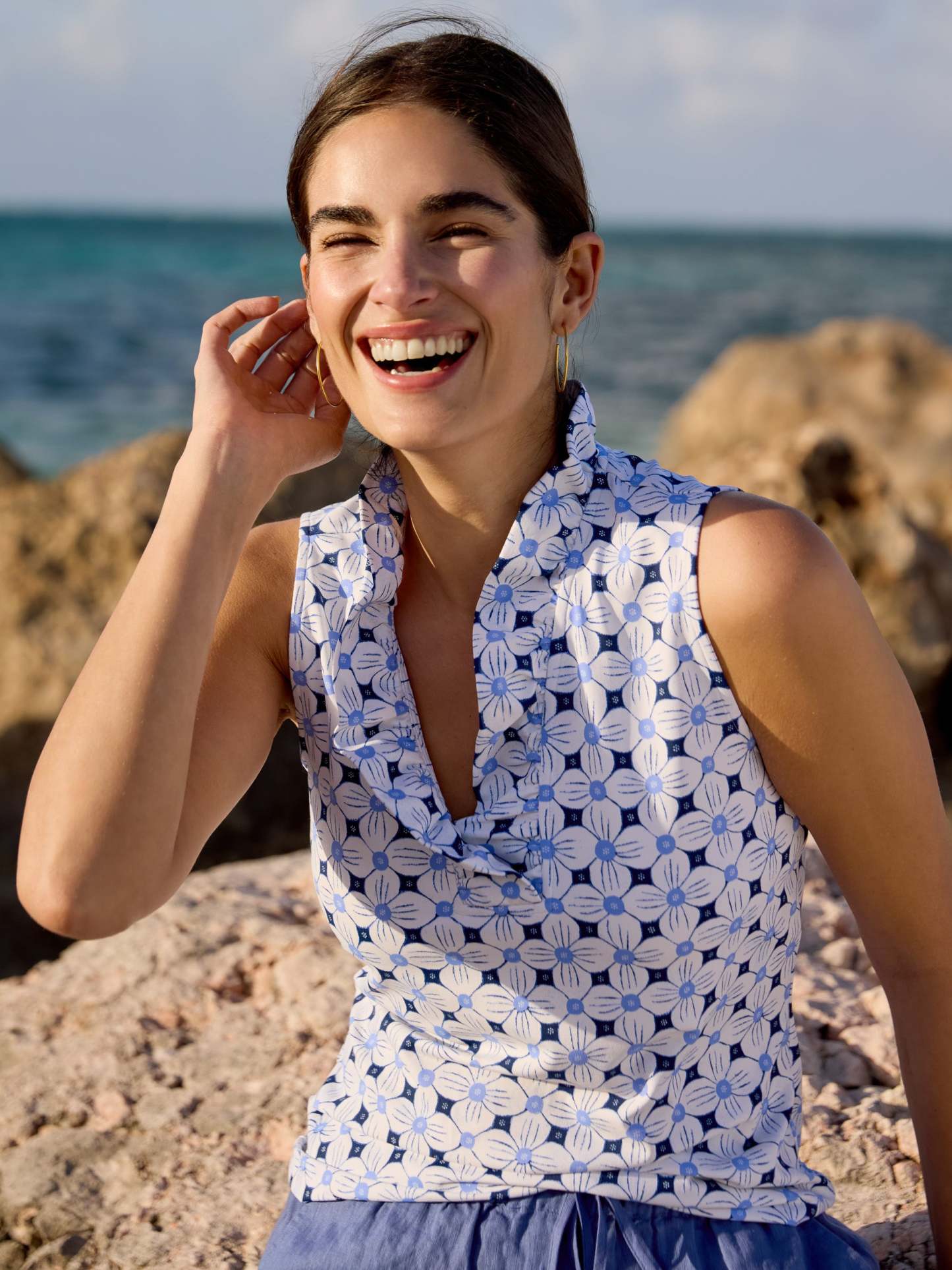 Durham Sleeveless Ruffle Top in Fantasy Flora Geo-New Feature DemoNew Feature Demo