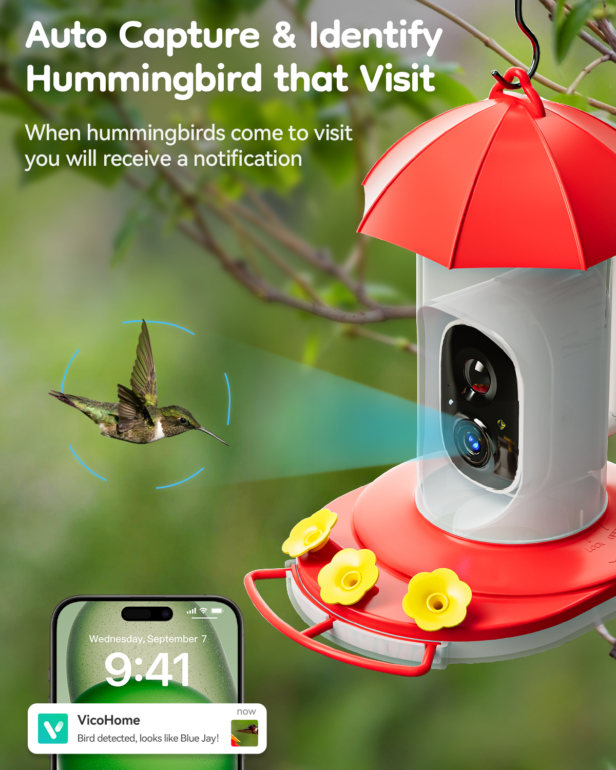 LongPlus® Hummingbird Feeder with Camera, Smart Bird Feeder Camera,Bird Feeders with Ant Moat, Bee Proof, Bird Watching Camera with 3 Feeding Ports,Instant Notification, Ideal Gift for Bird Lovers