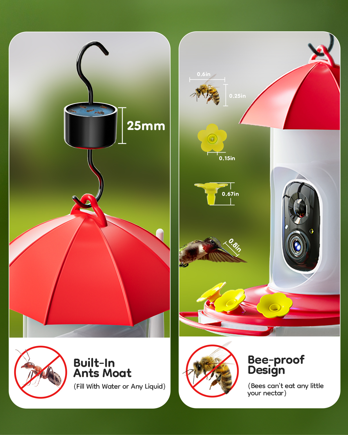 LongPlus® Hummingbird Feeder with Camera, Smart Bird Feeder Camera,Bird Feeders with Ant Moat, Bee Proof, Bird Watching Camera with 3 Feeding Ports,Instant Notification, Ideal Gift for Bird Lovers