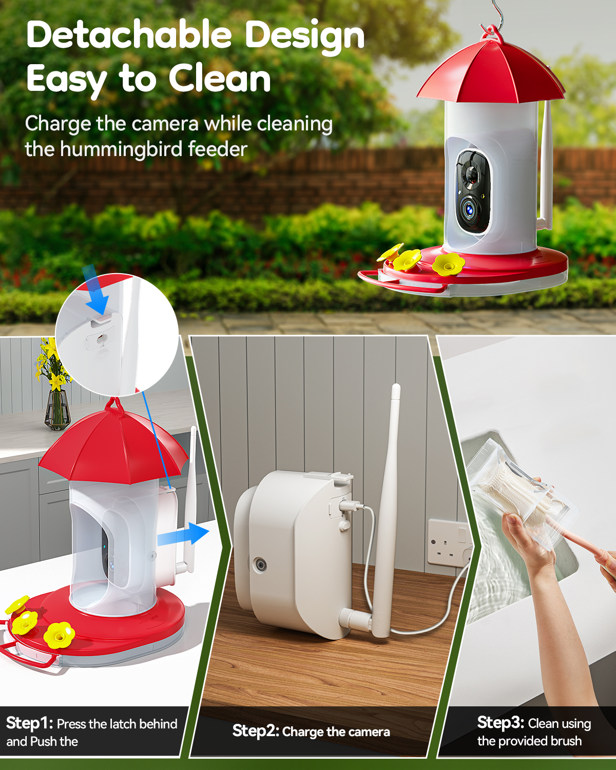 LongPlus® Hummingbird Feeder with Camera, Smart Bird Feeder Camera,Bird Feeders with Ant Moat, Bee Proof, Bird Watching Camera with 3 Feeding Ports,Instant Notification, Ideal Gift for Bird Lovers