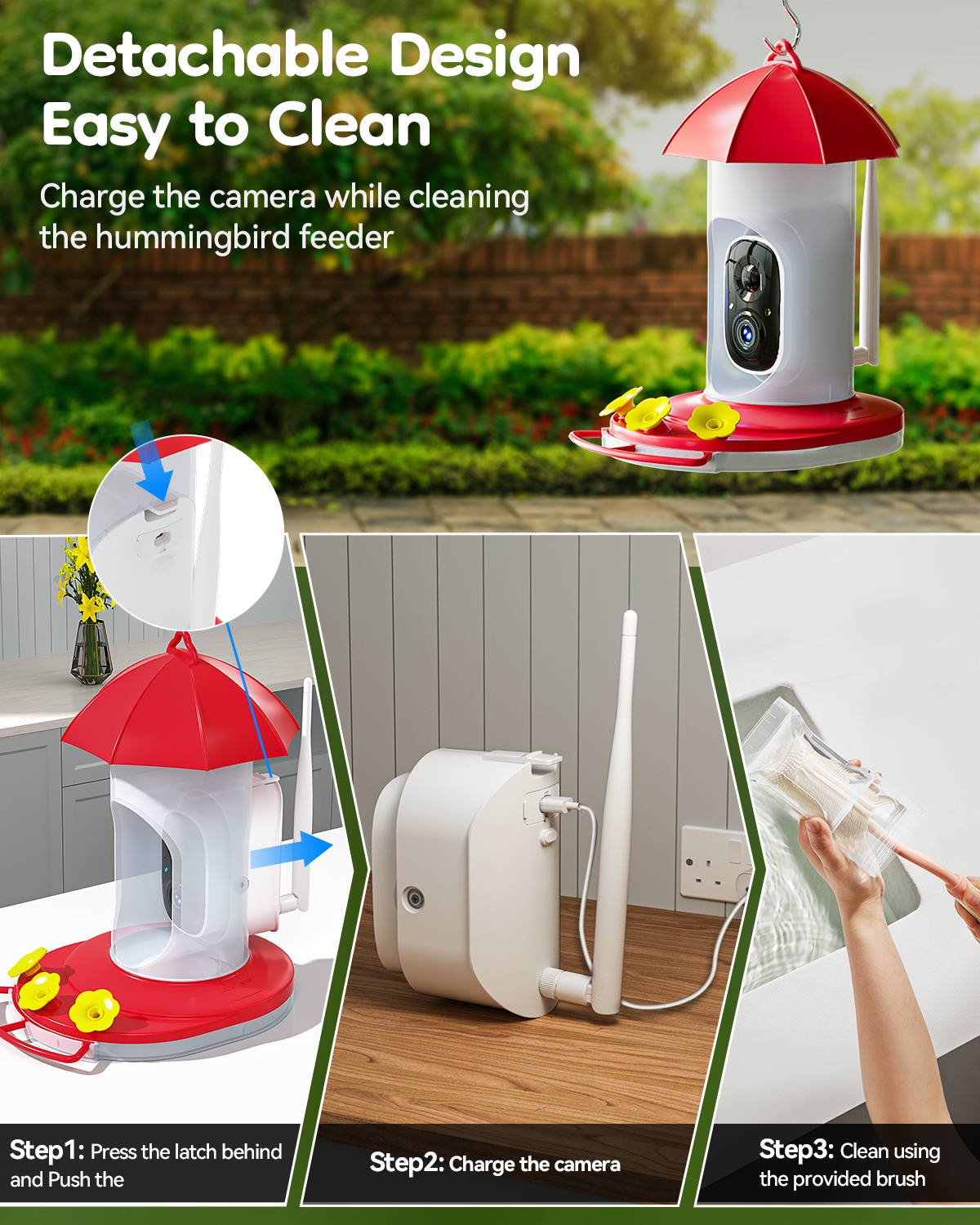 LongPlus® Hummingbird Feeder with Camera, Smart Bird Feeder Camera,Bird Feeders with Ant Moat, Bee Proof, Bird Watching Camera with 3 Feeding Ports,Instant Notification, Ideal Gift for Bird Lovers