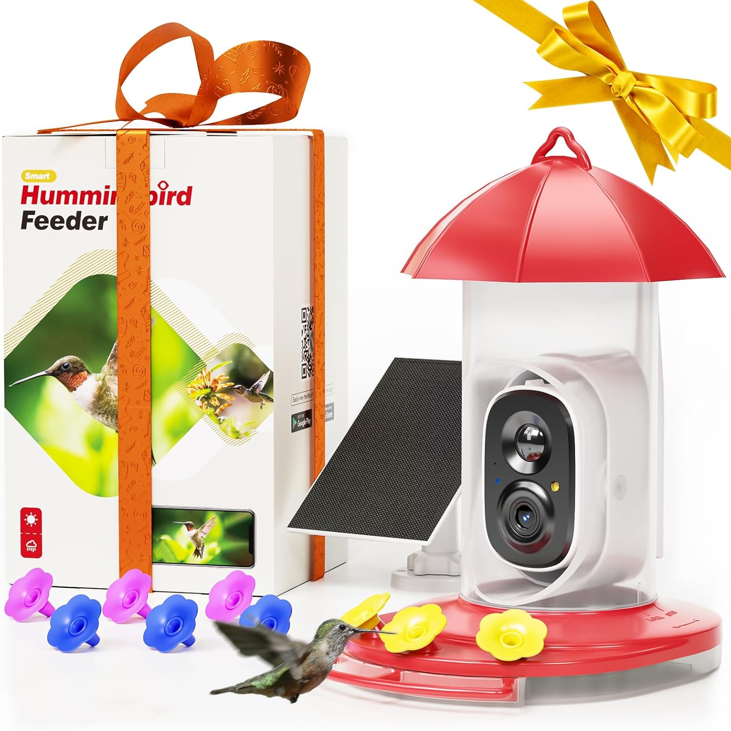 LongPlus® Hummingbird Feeder with Camera, Smart Bird Feeder Camera,Bird Feeders with Ant Moat, Bee Proof, Bird Watching Camera with 3 Feeding Ports,Instant Notification, Ideal Gift for Bird Lovers