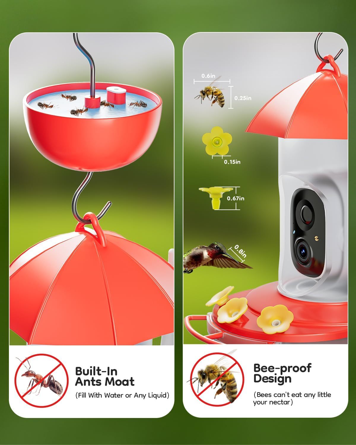 LongPlus® Hummingbird Feeder with Camera, Smart Bird Feeder Camera,Bird Feeders with Ant Moat, Bee Proof, Bird Watching Camera with 3 Feeding Ports,Instant Notification, Ideal Gift for Bird Lovers