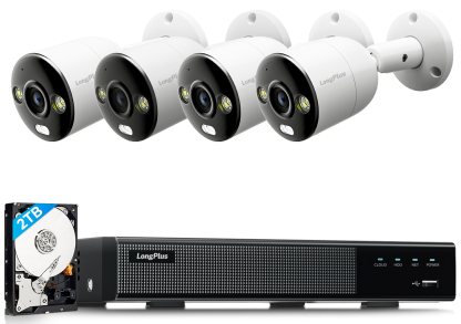 LongPlus 4K 8CH Security Camera System, 4pcs 4K PoE IP Wired Home Security Cameras Outdoor with Person Vehicle Pet Detection, Blue & Red Flash Lights, 4K 8CH NVR with 2TB HDD for 24-7 Recording