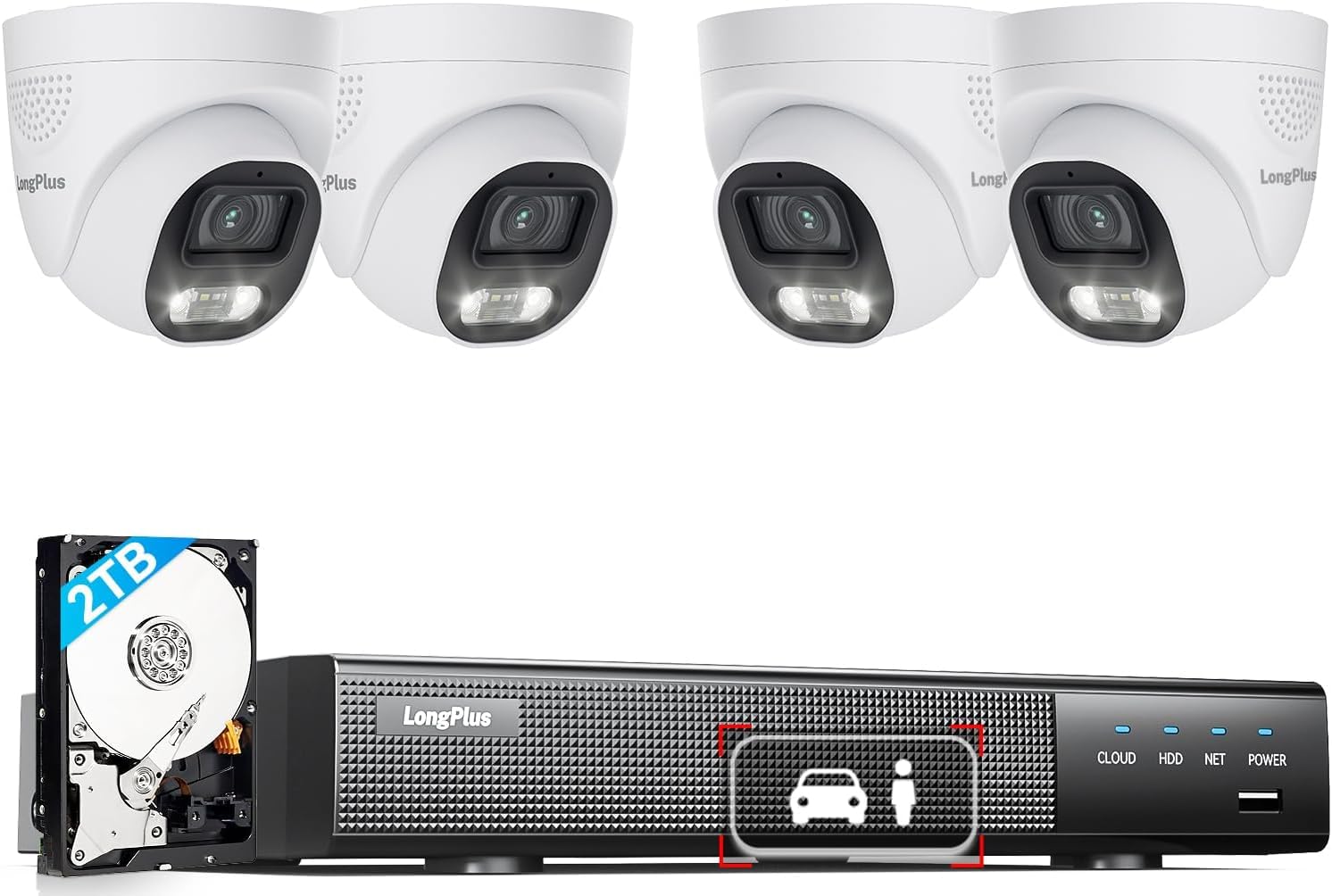 LongPlus 12MP POE Security Camera System Outdoor, 4Pcs Wired PoE IP Home Cameras System with Person/Vehicle Detection, 12MP 8CH NVR with 2TB HDD, 24/7 Recording, Full Color Night Vision, Plug & Play