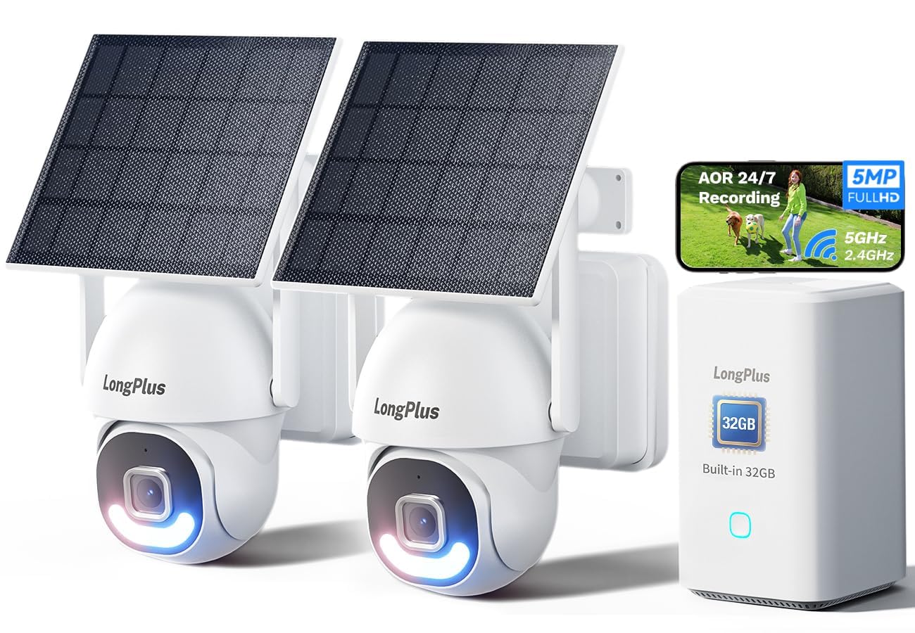LongPlus 5MP Solar Security Camera System, No Subscription, 2-Cam Kit