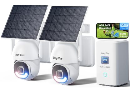 LongPlus 5MP Solar Security Camera System, No Subscription, 2-Cam Kit