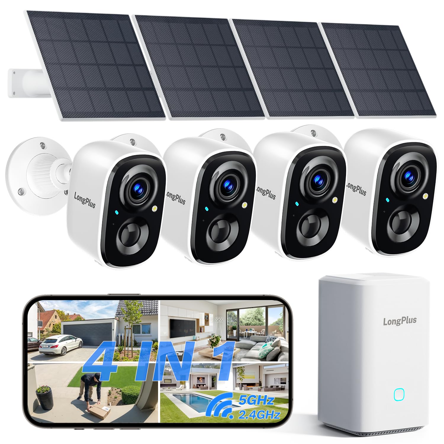 LongPlus 3K Solar Outdoor Security Camera System, No Subscription, 4-Cam