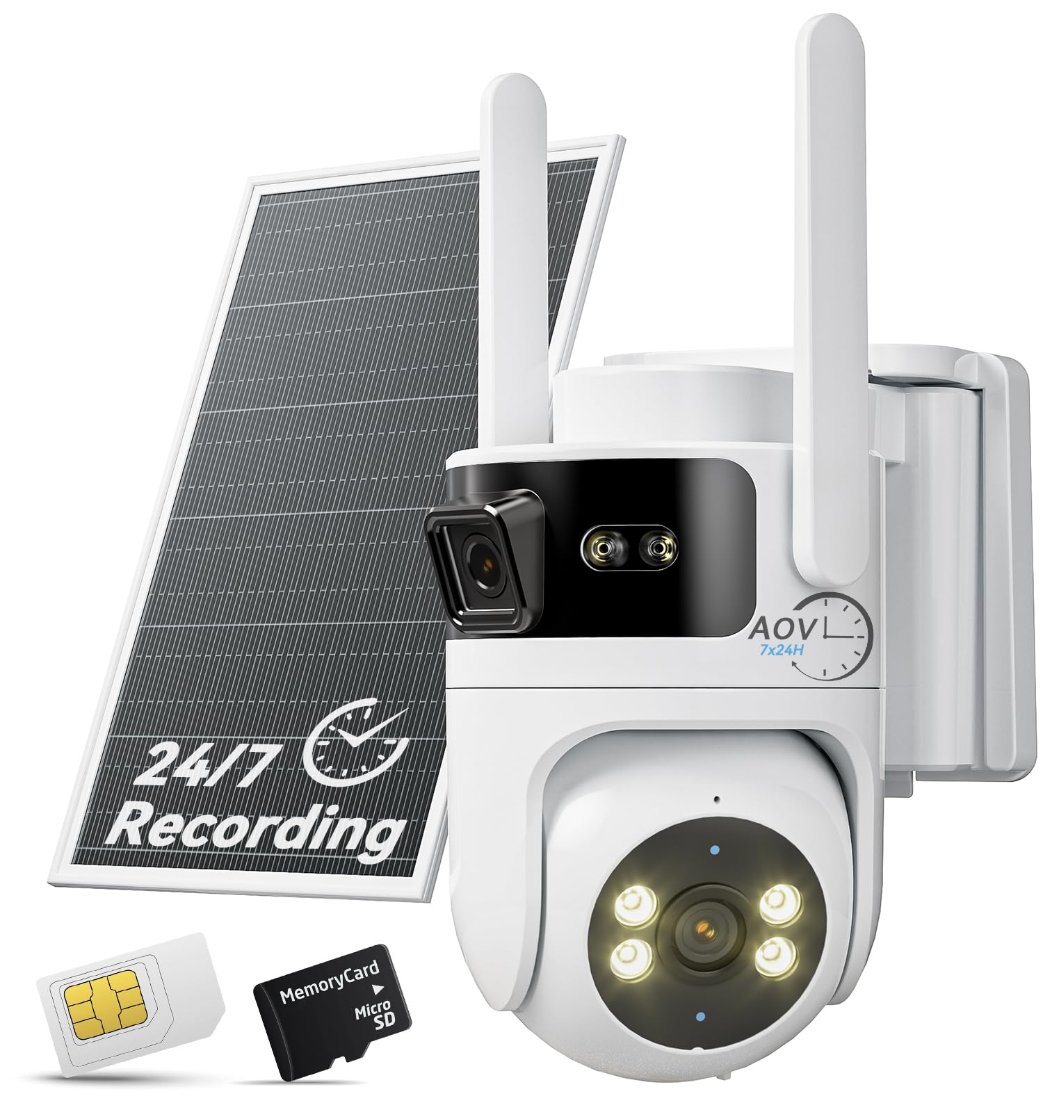 Dual Lens 4G LTE Cellular Security Camera, No WiFi AOV 24/7 Recording