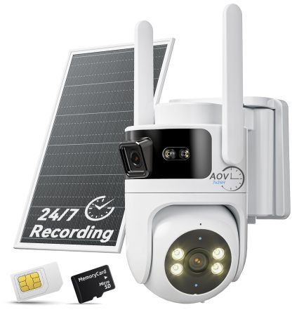 Dual Lens 4G LTE Cellular Security Camera, No WiFi AOV 24/7 Recording