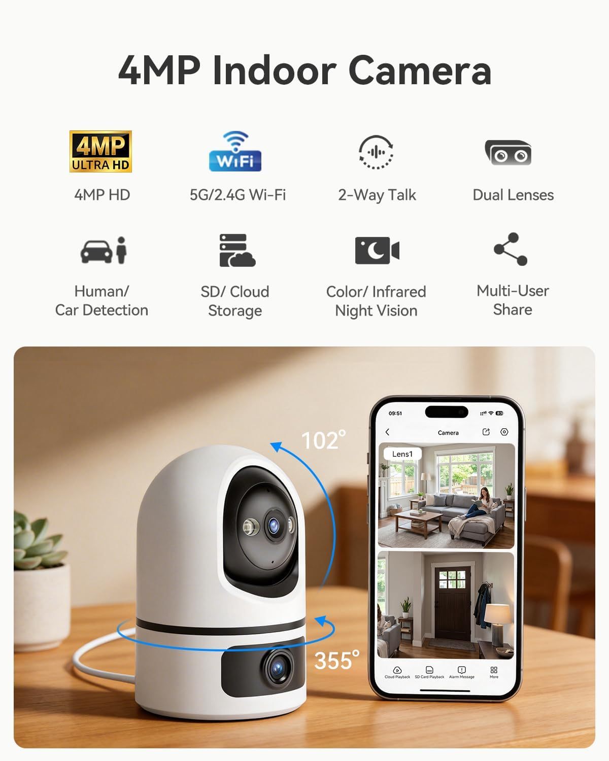 LongPlus 4MP Dual Lens Indoor Security Camera, Pan Tilt Wi-Fi Baby Monitor