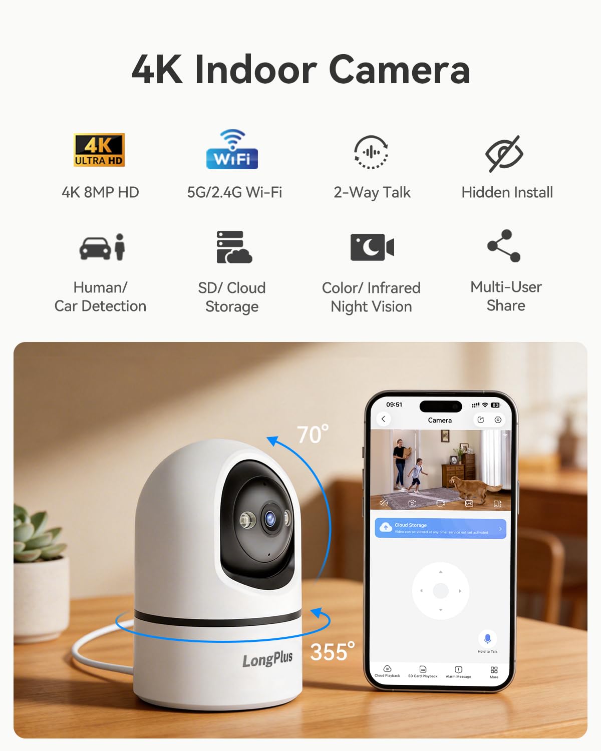 LongPlus 4K 8MP Indoor Security Camera, Pan Tilt Wi-Fi Pet Baby Monitor