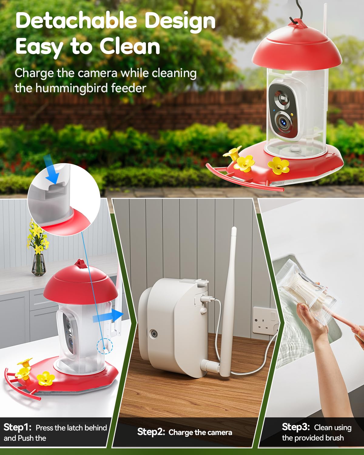 Solar Hummingbird Feeder with Camera for Outdoors, 2K Smart AI Video